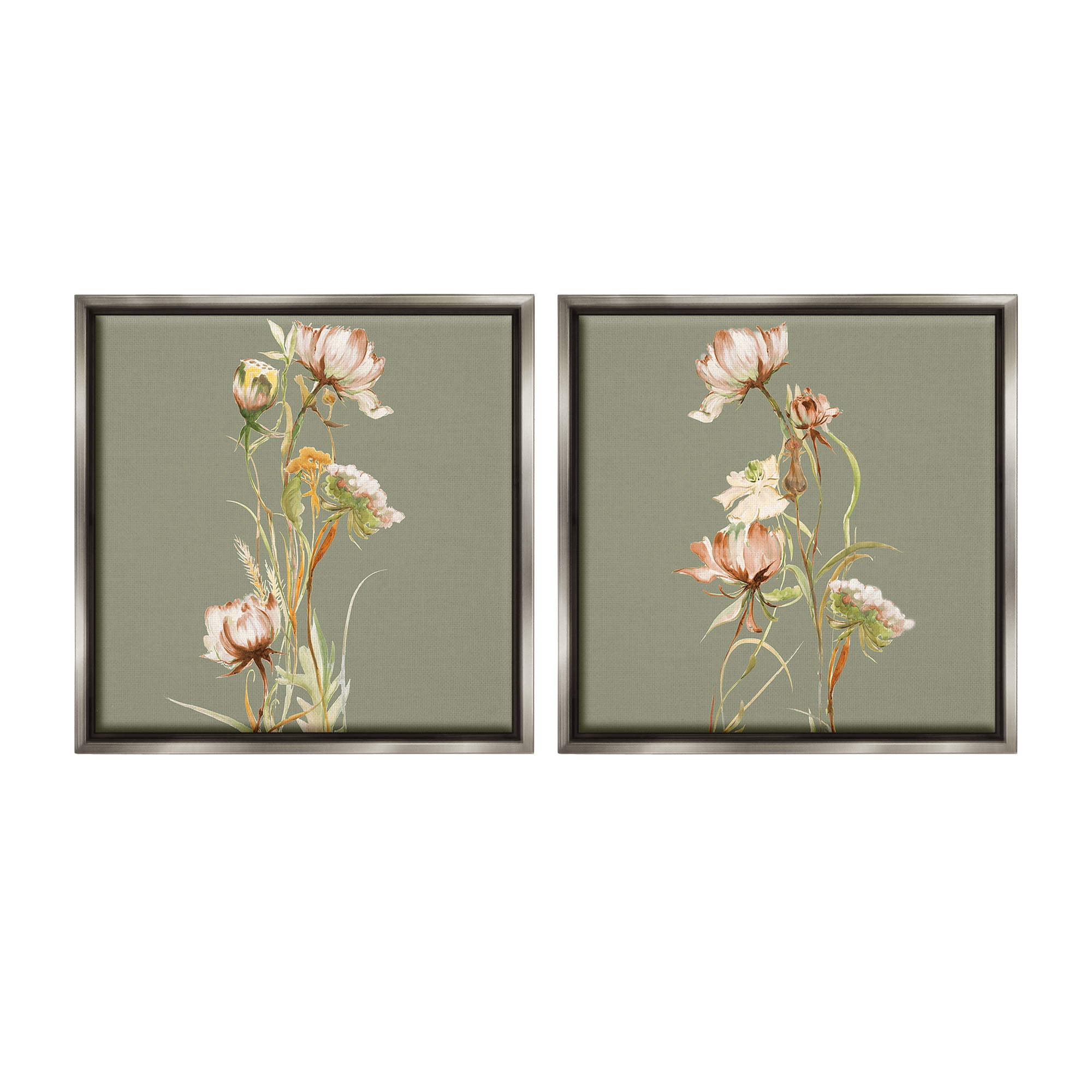 Stupell Industries Classic Blooms on Green Botanical & Floral Painting Gray Floater Framed Canvas Art Print Wall Art, 18 x 18, Set of 2