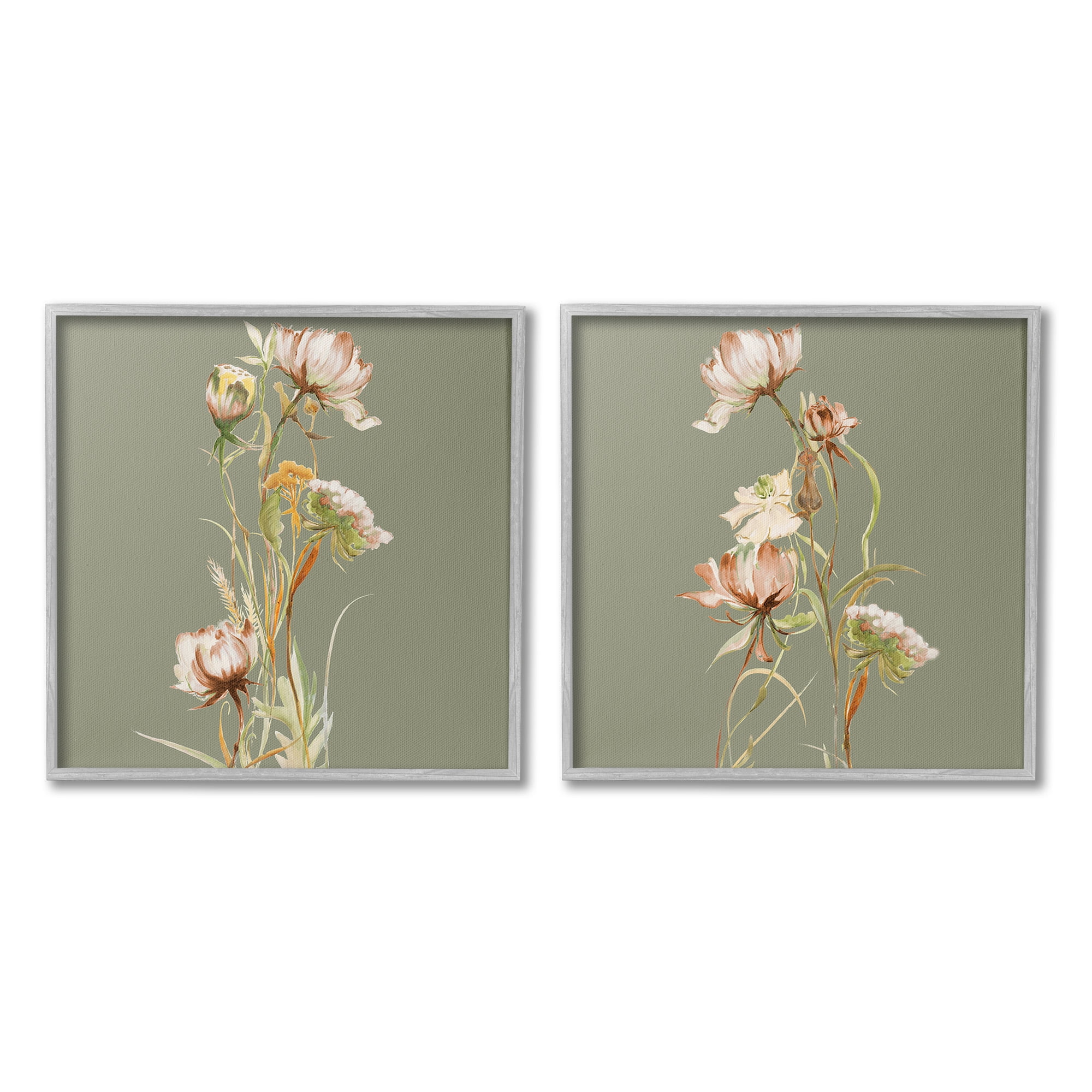 Stupell Industries Classic Blooms on Green Botanical & Floral Painting Gray Framed Art Print Wall Art, 12 x 12, Set of 2