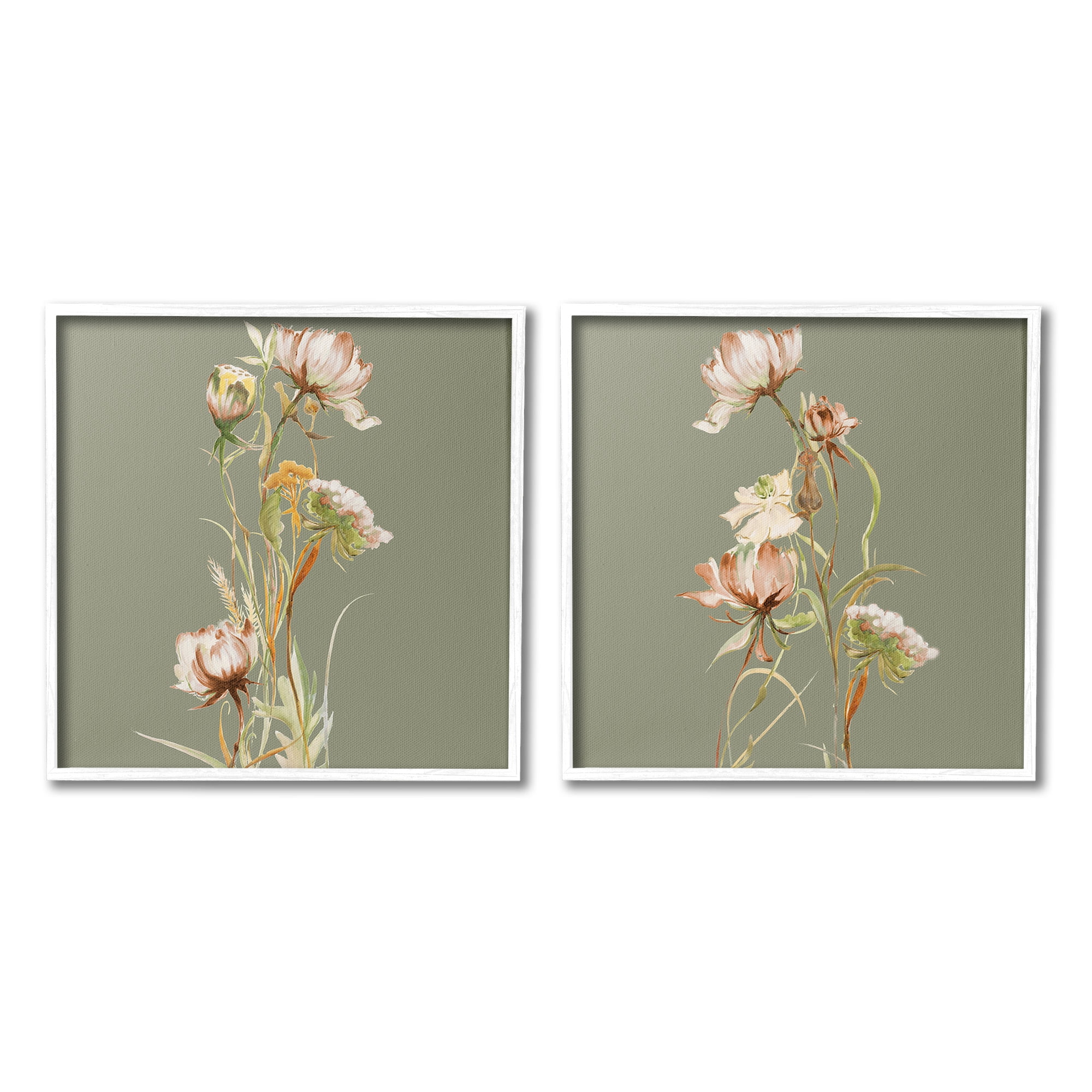 Stupell Industries Classic Blooms on Green Botanical & Floral Painting White Framed Art Print Wall Art, 17 x 17, Set of 2
