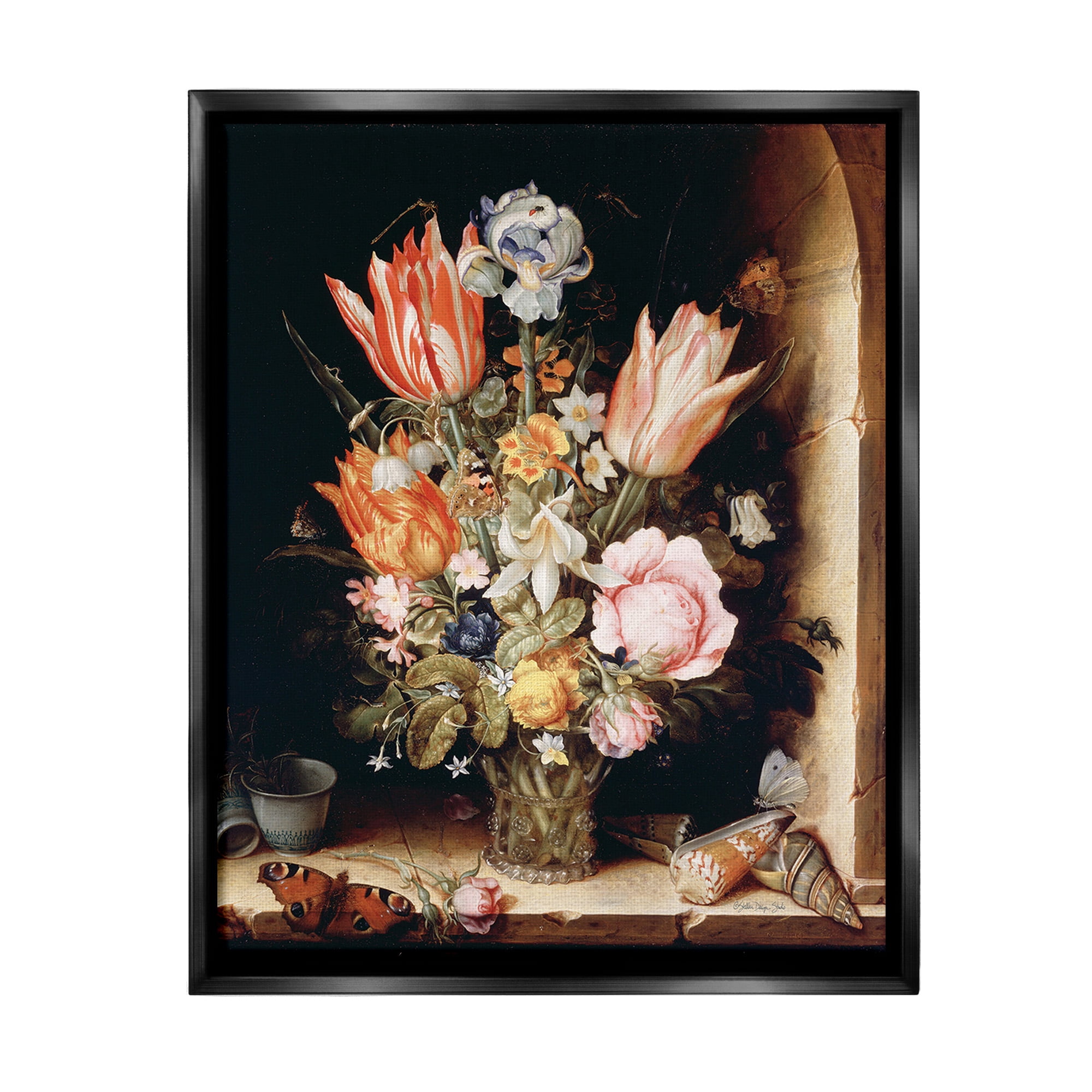 Stupell Industries Classic Bouquet Still Life Botanical & Floral Painting Black Floater Framed Canvas Art Print Wall Art, 25 x 31