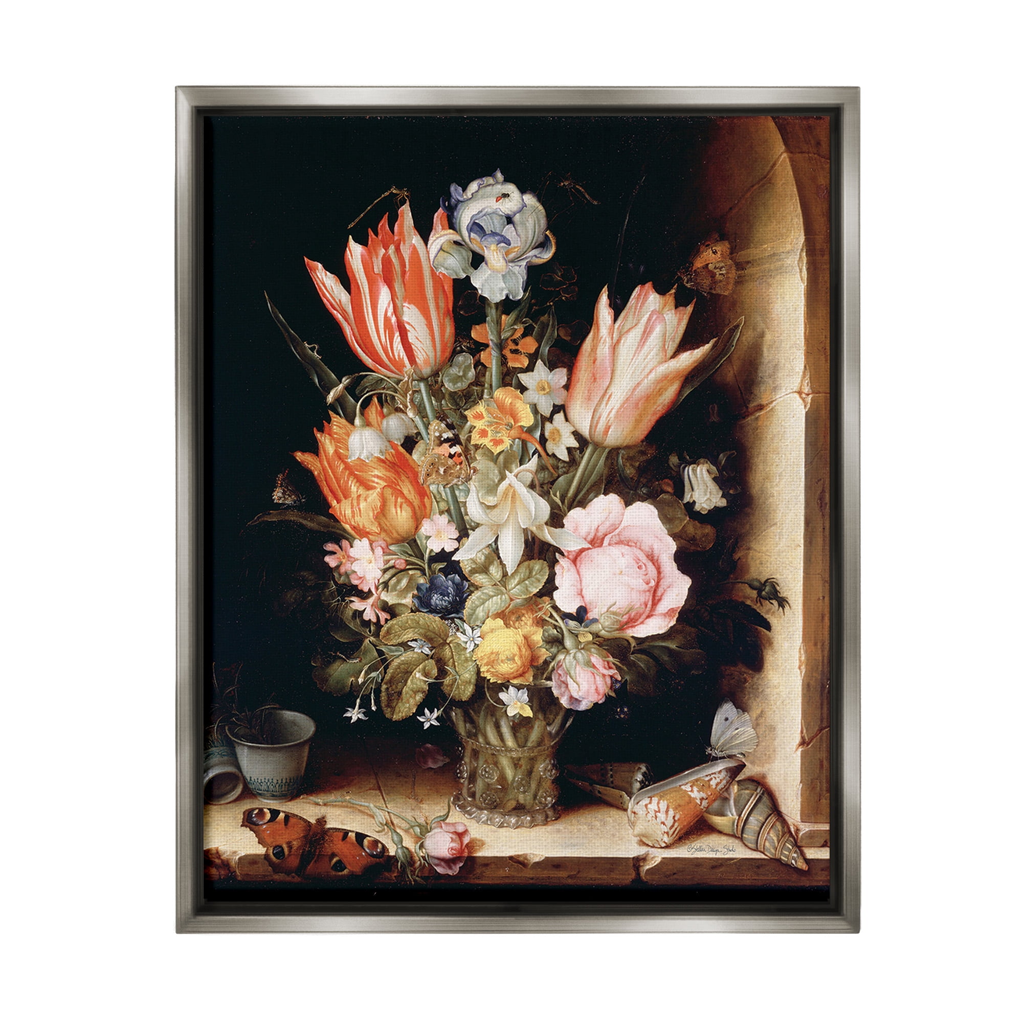 Stupell Industries Classic Bouquet Still Life Botanical & Floral Painting Gray Floater Framed Canvas Art Print Wall Art, 25 x 31