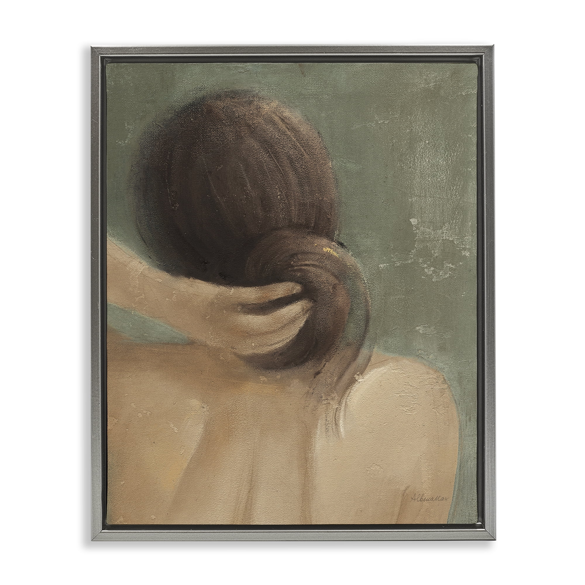 Stupell Industries Classic Brunette Woman Novelty Painting Gray Floater Framed Art Print Wall Art, 25 x 31