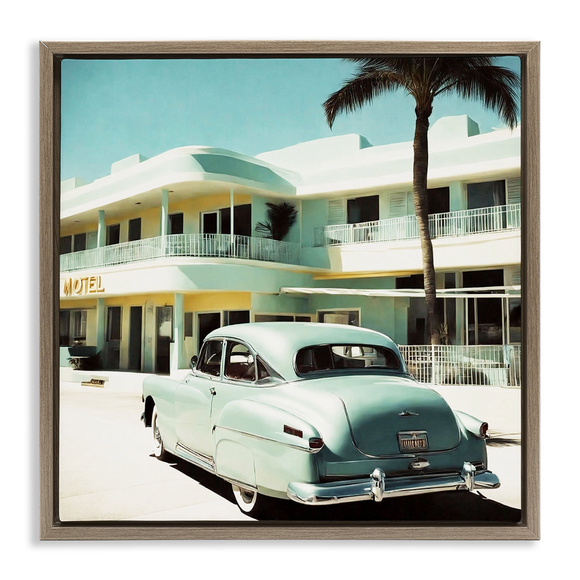 Stupell Industries Classic Car at Motel Transportation Painting Brown Floater Framed Canvas Art Print Wall Art, 25 x 25