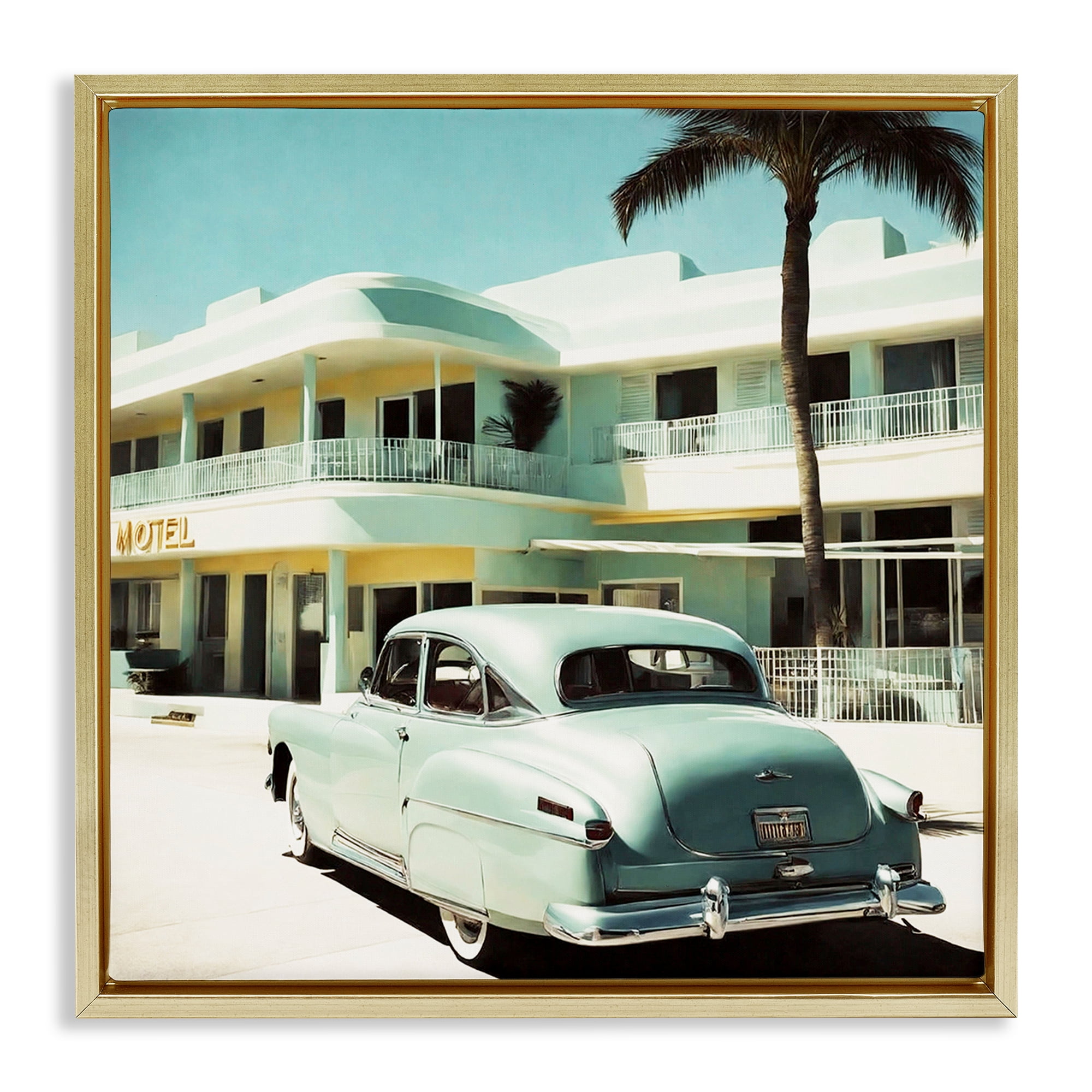 Stupell Industries Classic Car at Motel Transportation Painting Gold Floater Framed Canvas Art Print Wall Art, 25 x 25