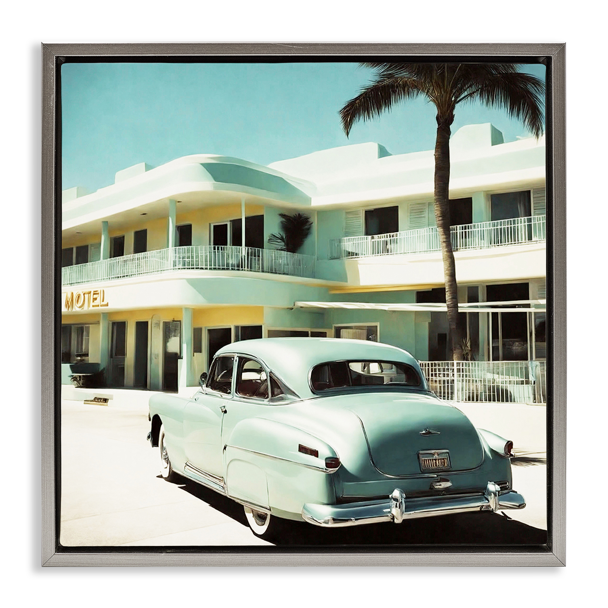Stupell Industries Classic Car at Motel Transportation Painting Gray Floater Framed Canvas Art Print Wall Art, 25 x 25