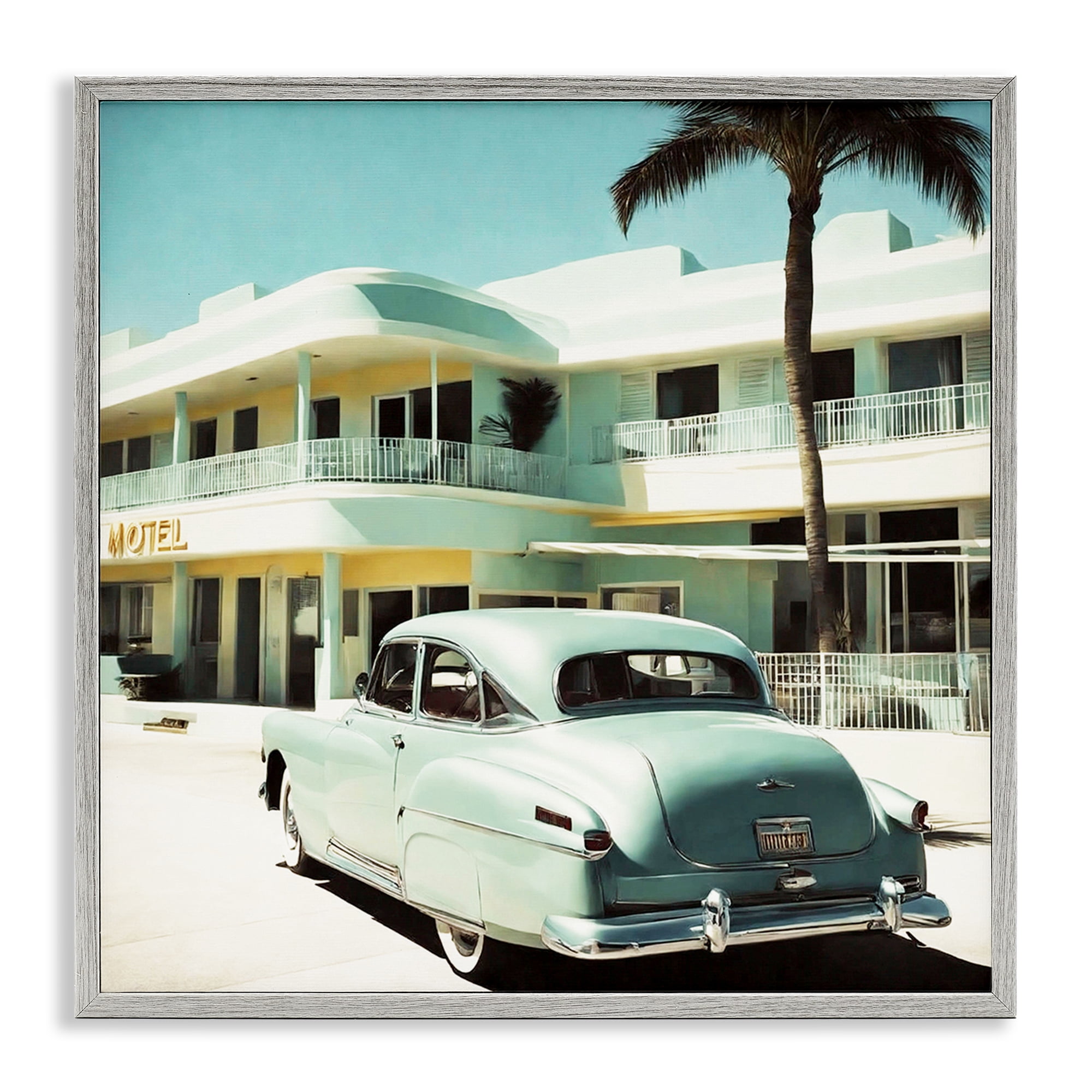 Stupell Industries Classic Car at Motel Transportation Painting Gray Framed Art Print Wall Art, 12 x 12