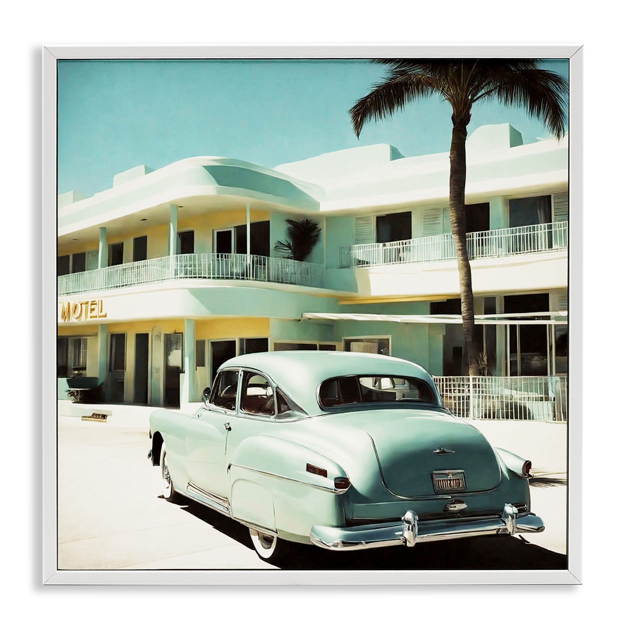 Stupell Industries Classic Car at Motel Transportation Painting White Framed Art Print Wall Art, 17 x 17
