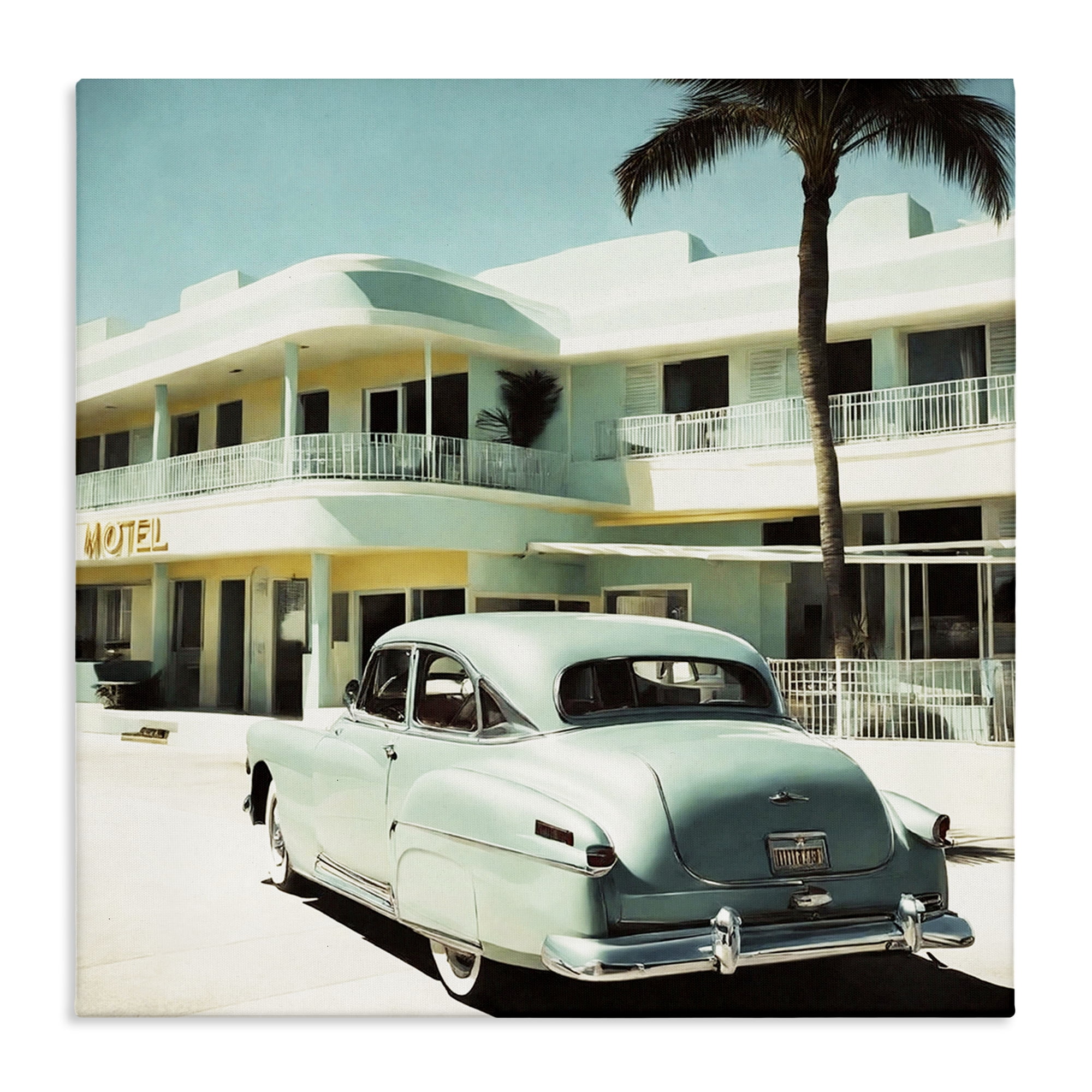 Stupell Industries Classic Car at Motel Transportation Painting Wrapped Canvas Art Print Wall Art, 24 x 24