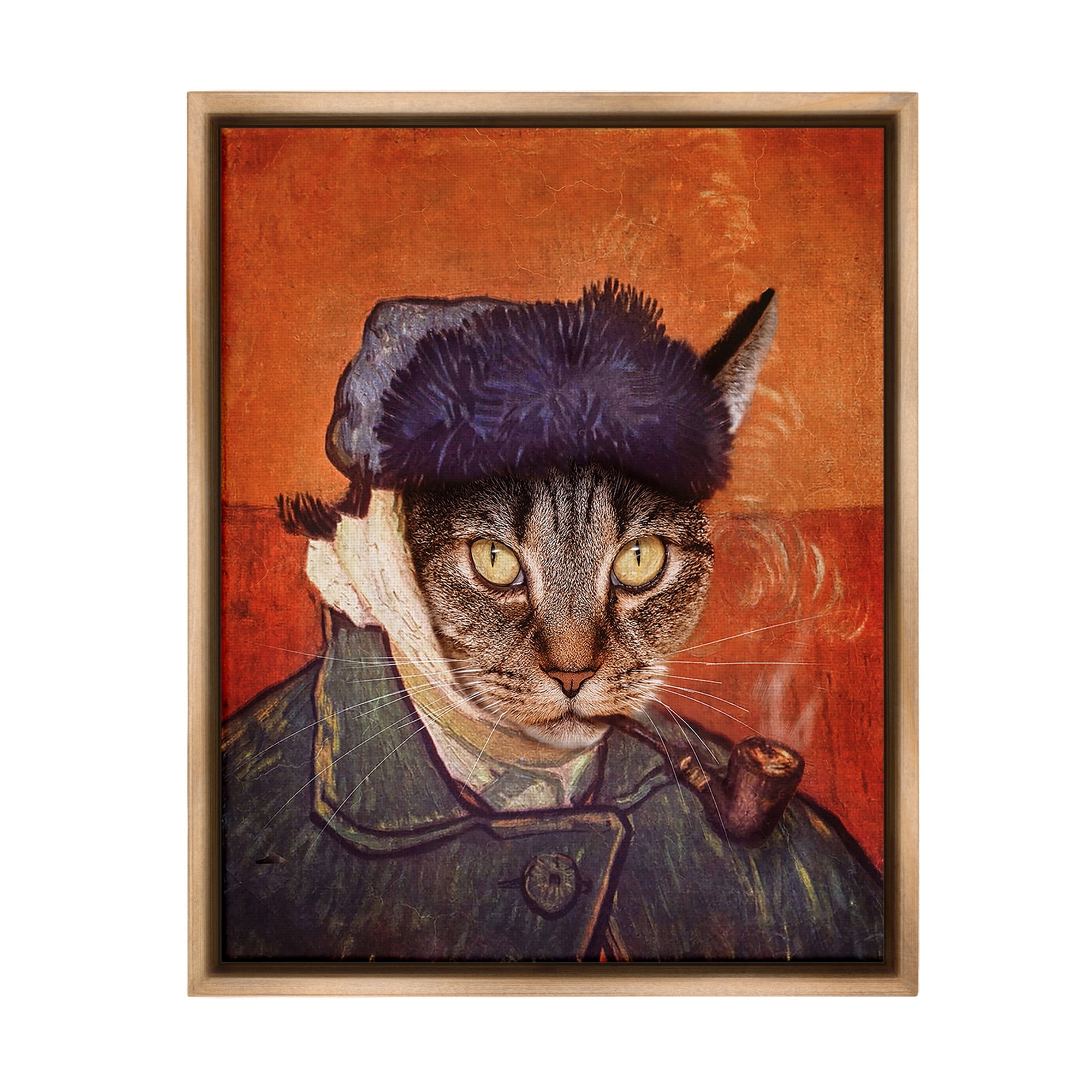 Stupell Industries Classic Cat Self Portrait Animals & Insects Painting Brown Floater Framed Canvas Art Print Wall Art, 25 x 31