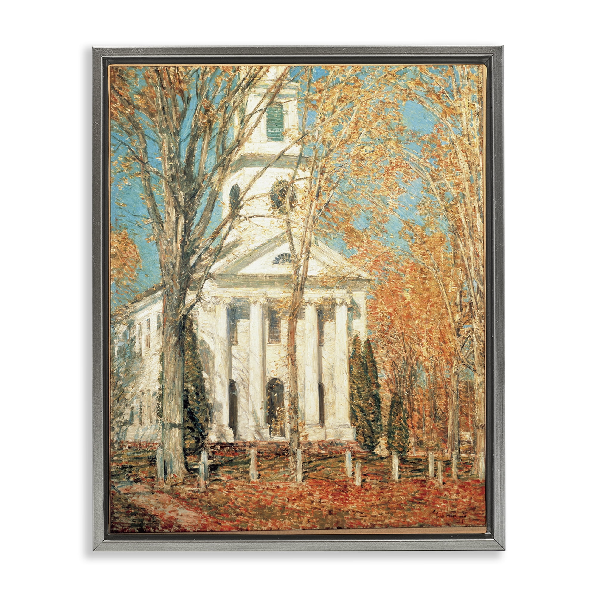 Stupell Industries Classic Church At Old Lyme Buildings & Architecture Painting Gray Floater Framed Canvas Art Print Wall Art, 25 x 31