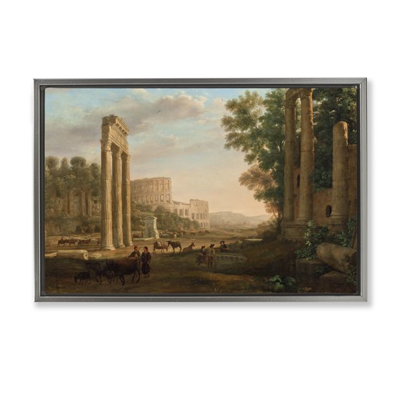 Stupell Industries Classic Claud Ruins of Roman Forum Buildings & Architecture Painting Gray Floater Framed Canvas Art Print Wall Art, 25 x 17