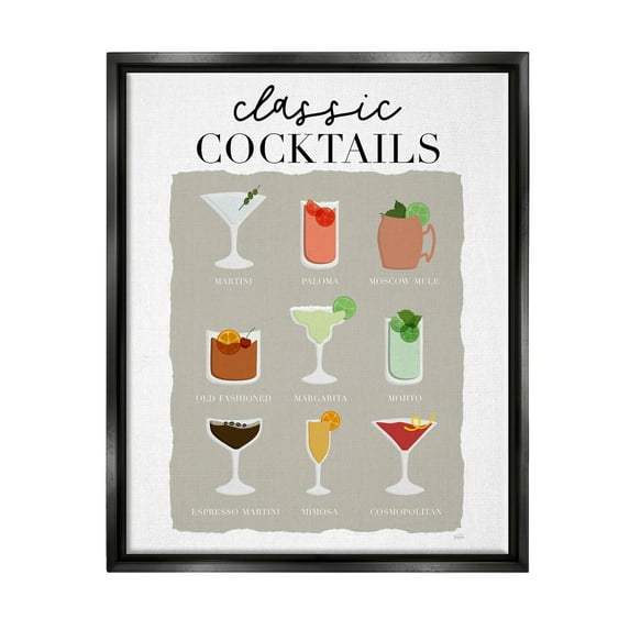 Stupell Industries Classic Cocktails Chart Food & Beverage Painting Black Floater Framed Canvas Art Print Wall Art, 17 x 21