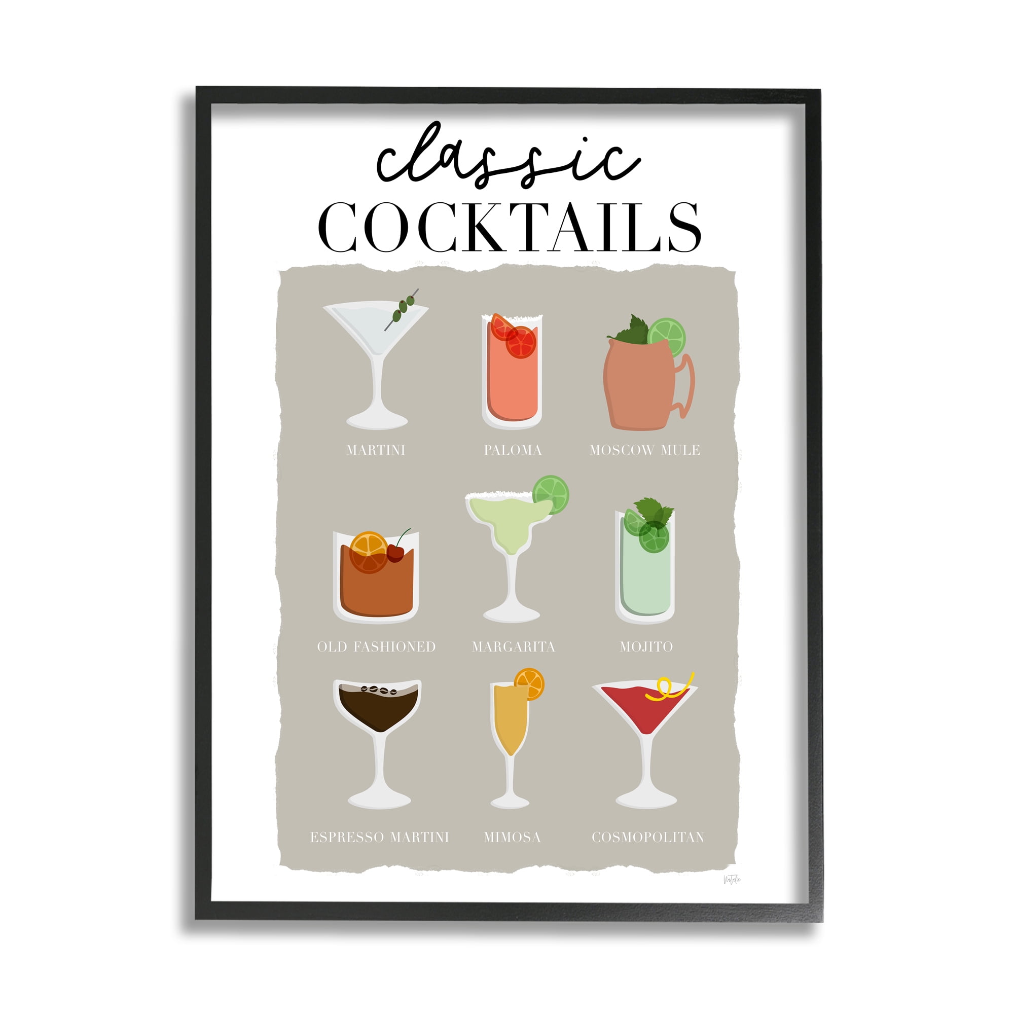 Stupell Industries Classic Cocktails Chart Food & Beverage Painting Black Framed Art Print Wall Art, 16 x 20