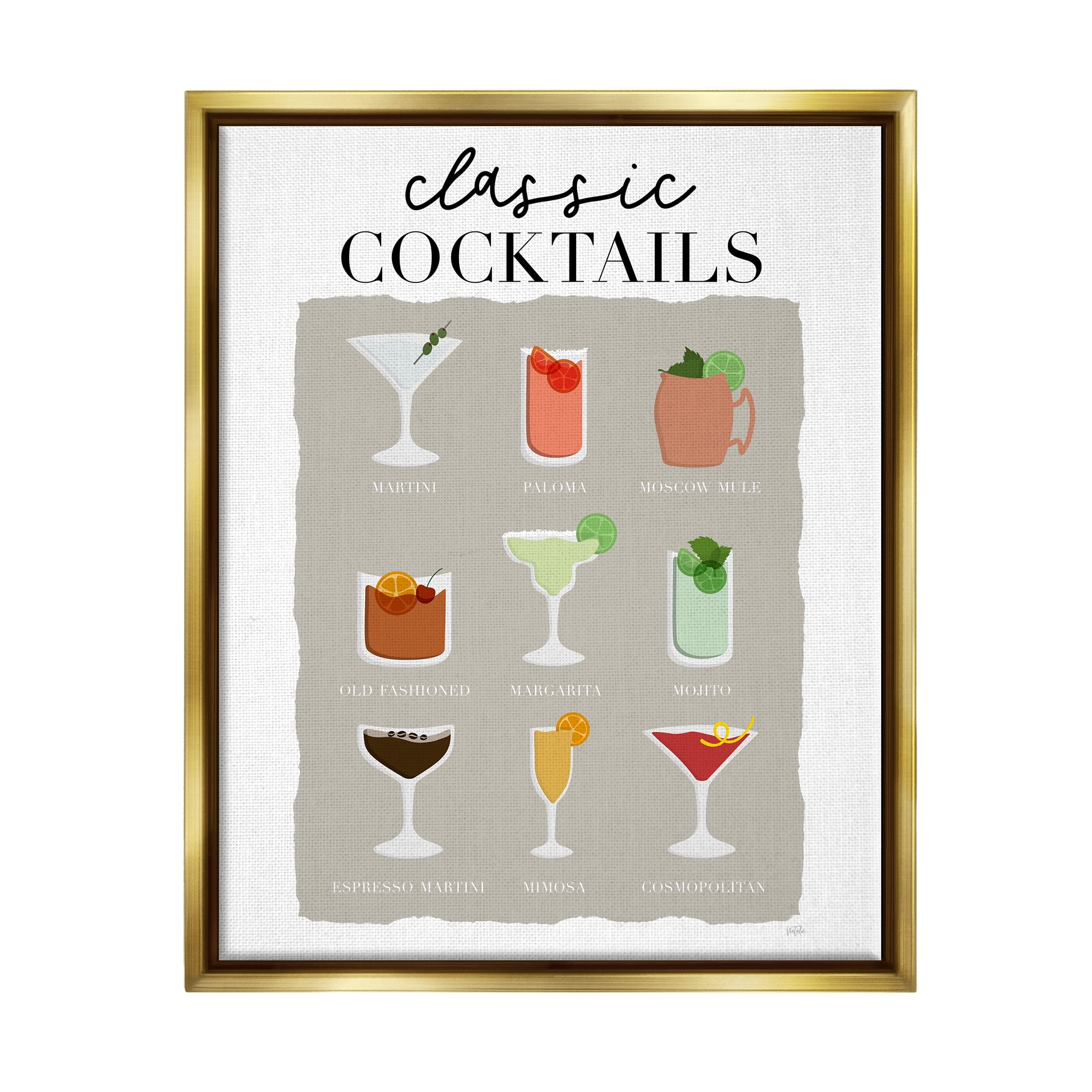Stupell Industries Classic Cocktails Chart Food & Beverage Painting Gold Floater Framed Canvas Art Print Wall Art, 25 x 31