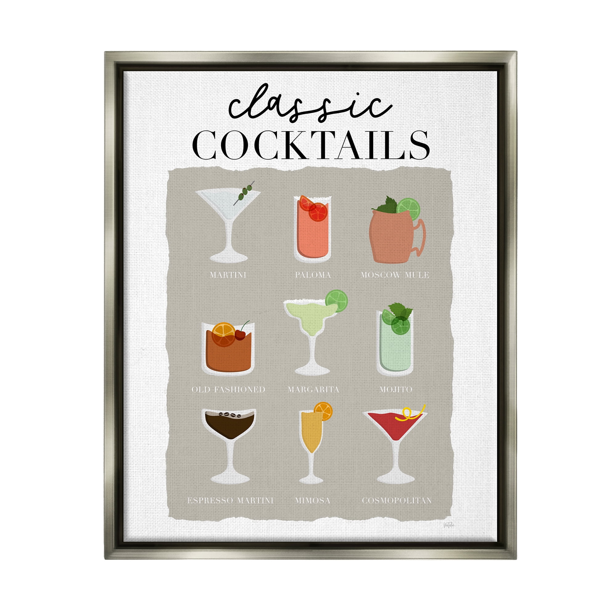 Stupell Industries Classic Cocktails Chart Food & Beverage Painting Gray Floater Framed Canvas Art Print Wall Art, 25 x 31