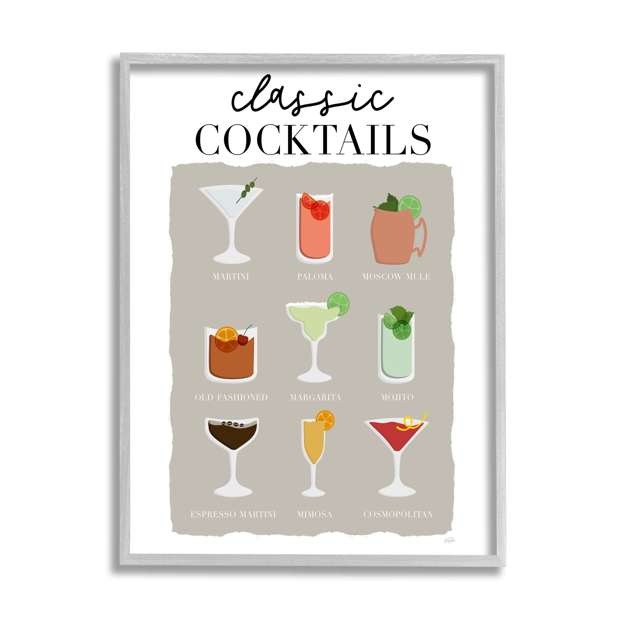Stupell Industries Classic Cocktails Chart Food & Beverage Painting Gray Framed Art Print Wall Art, 24 x 30