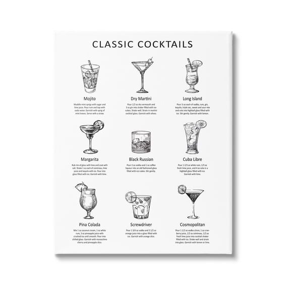 Stupell Industries Classic Cocktails Mixed Drinks Kitchen Bar Sign Chart Graphic Art Gallery Wrapped Canvas Print Wall Art, Design by Lettered and Lined