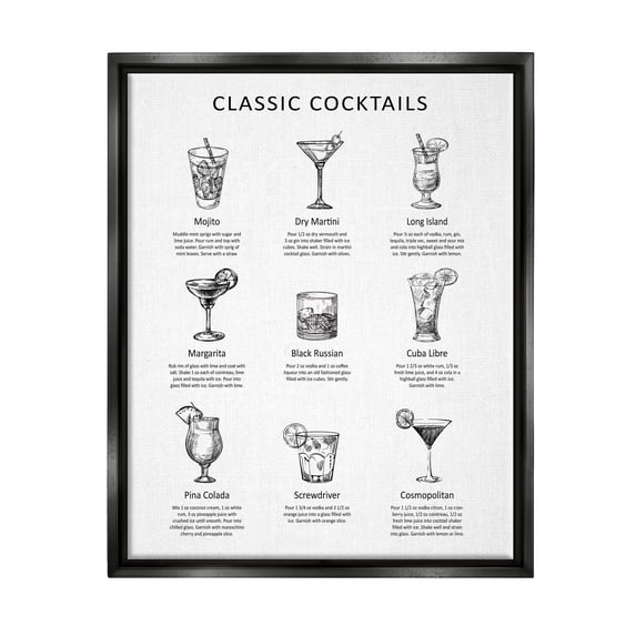 Stupell Industries Classic Cocktails Mixed Drinks Kitchen Bar Sign Chart Graphic Art Jet Black Floating Framed Canvas Print Wall Art, Design by Lettered and Lined