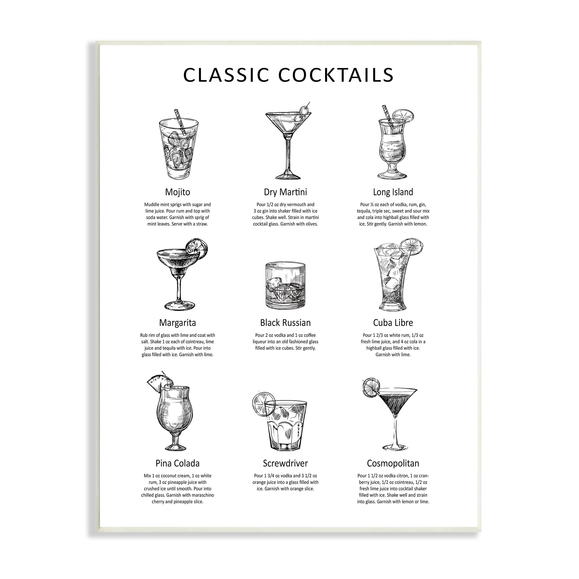 Stupell Industries Classic Cocktails Mixed Drinks Kitchen Bar Sign Chart Graphic Art Unframed Art Print Wall Art, Design by Lettered and Lined