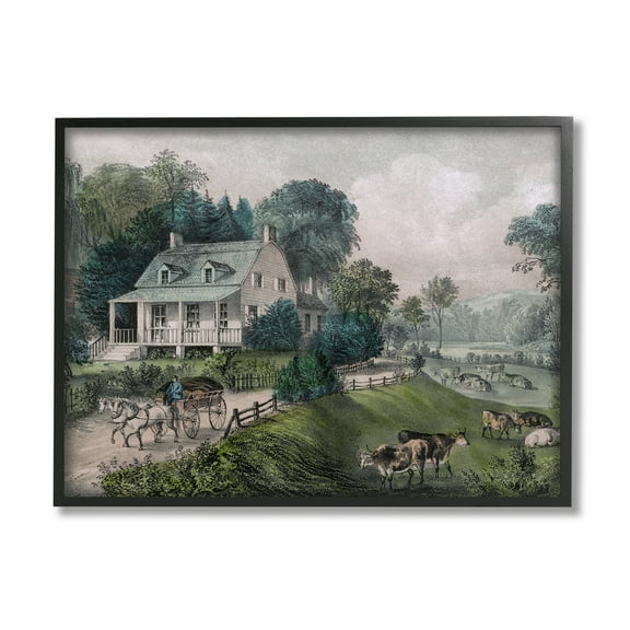 Stupell Industries Classic Countryside House Painting Roaming Farm Animals Painting Black Framed Art Print Wall Art, Design by Daphne Polselli