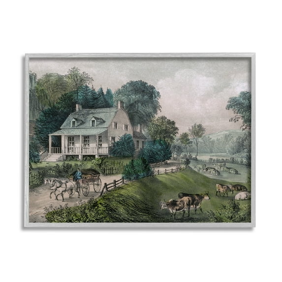 Stupell Industries Classic Countryside House Painting Roaming Farm Animals Painting Gray Framed Art Print Wall Art, Design by Daphne Polselli