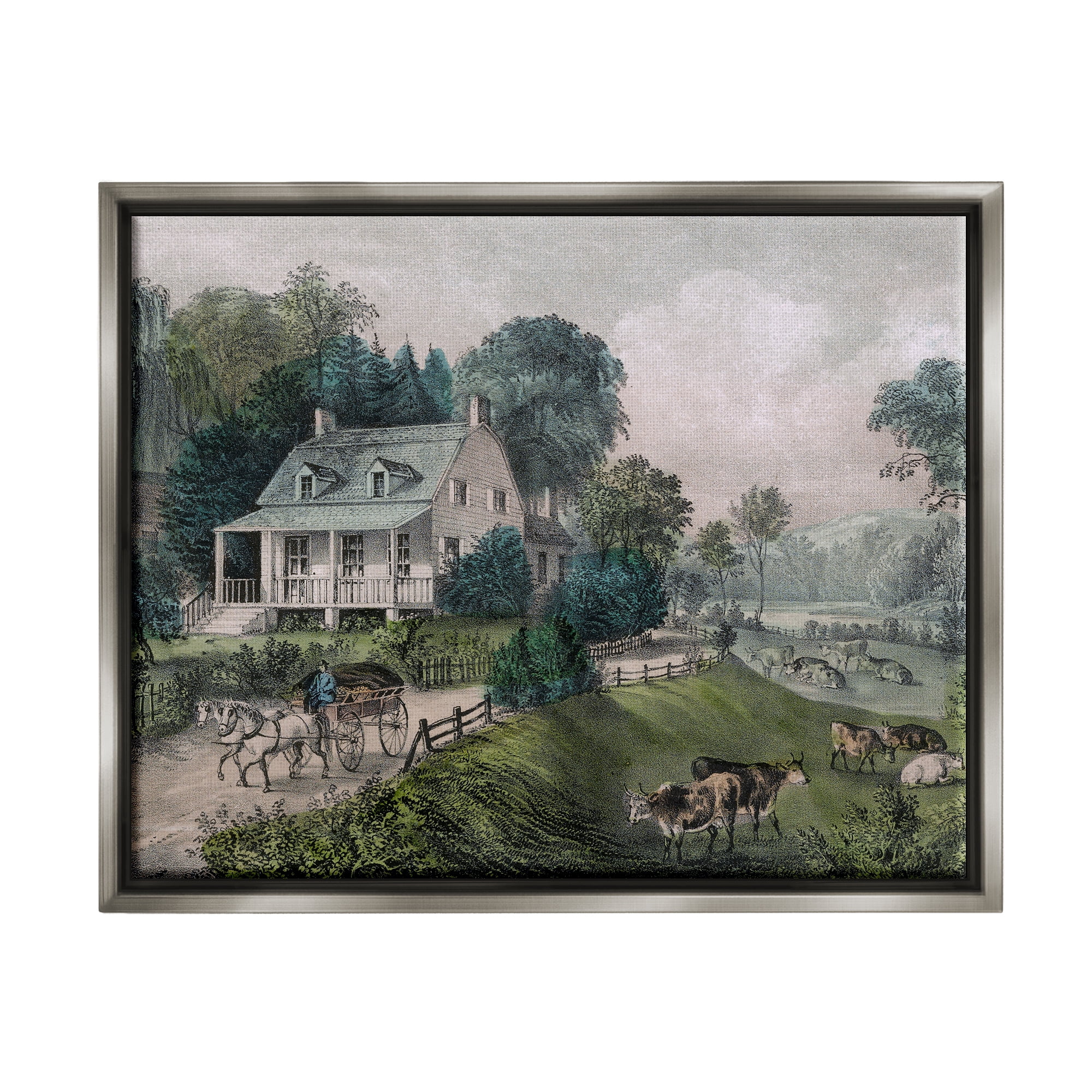 Stupell Industries Classic Countryside House Painting Roaming Farm Animals Painting Luster Gray Floating Framed Canvas Print Wall Art, Design by Daphne Polselli