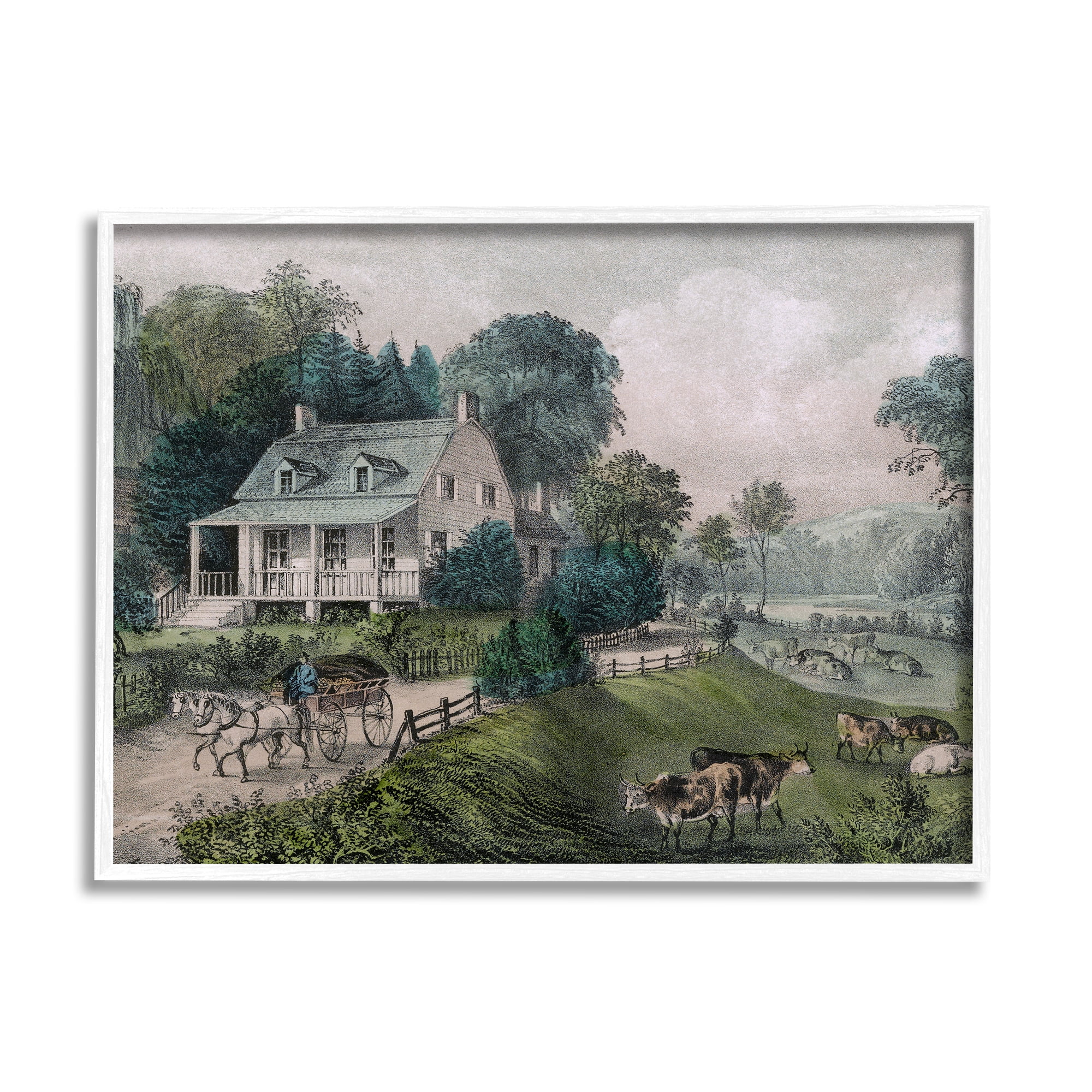 Stupell Industries Classic Countryside House Painting Roaming Farm Animals Painting White Framed Art Print Wall Art, Design by Daphne Polselli