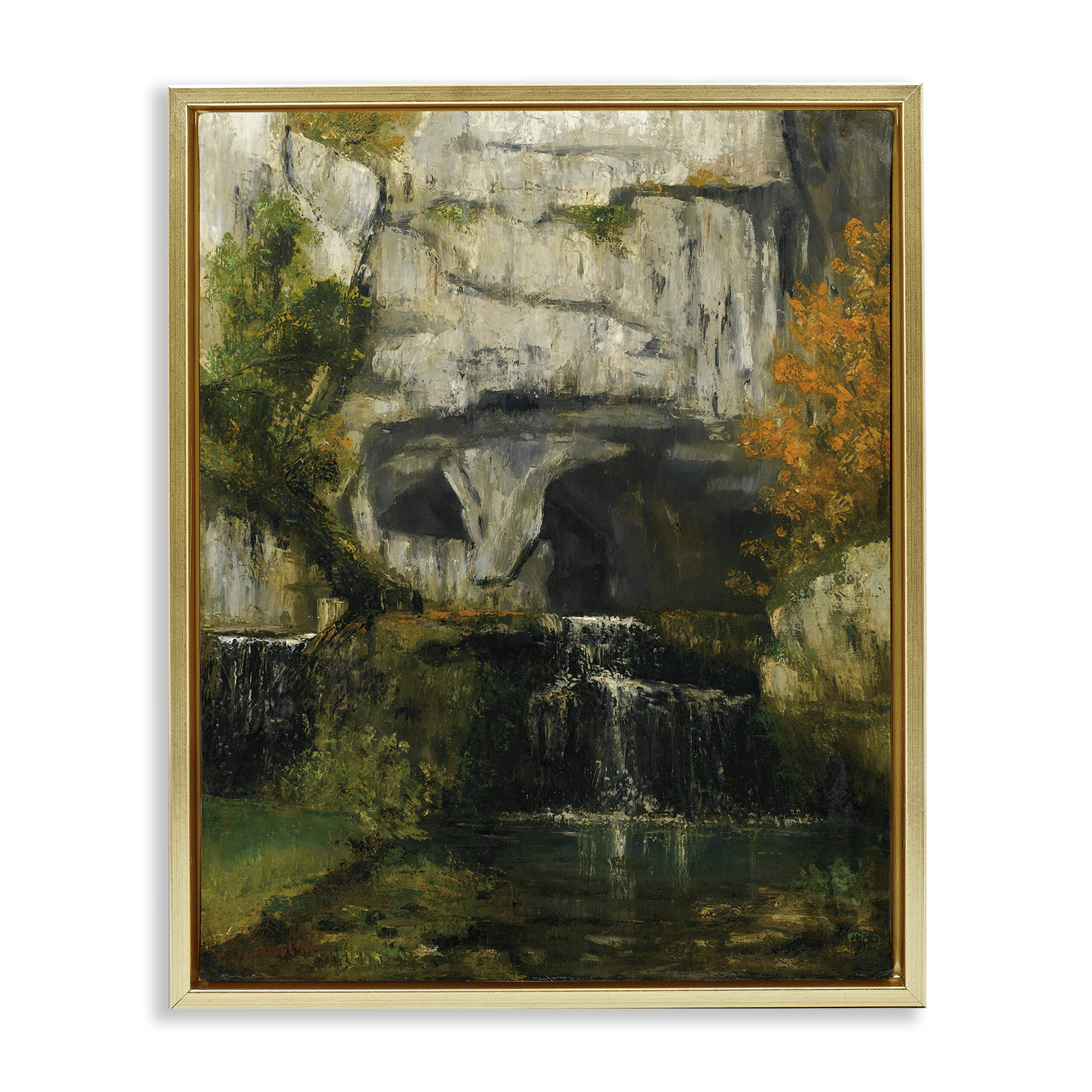 Stupell Industries Classic Courbet Waterfall Landscape & Nature Painting Gold Floater Framed Canvas Art Print Wall Art, 17 x 21