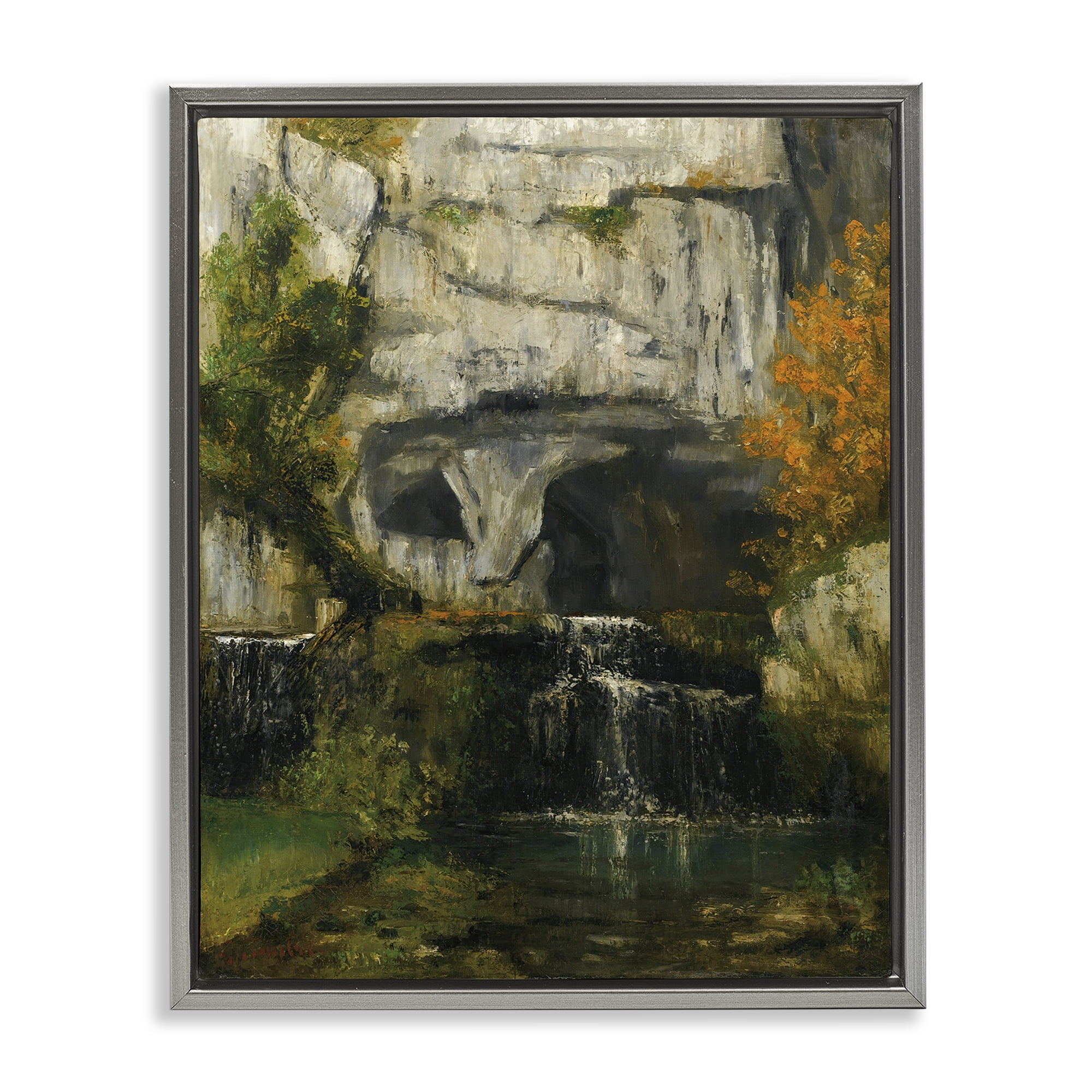 Stupell Industries Classic Courbet Waterfall Landscape & Nature Painting Gray Floater Framed Canvas Art Print Wall Art, 17 x 21