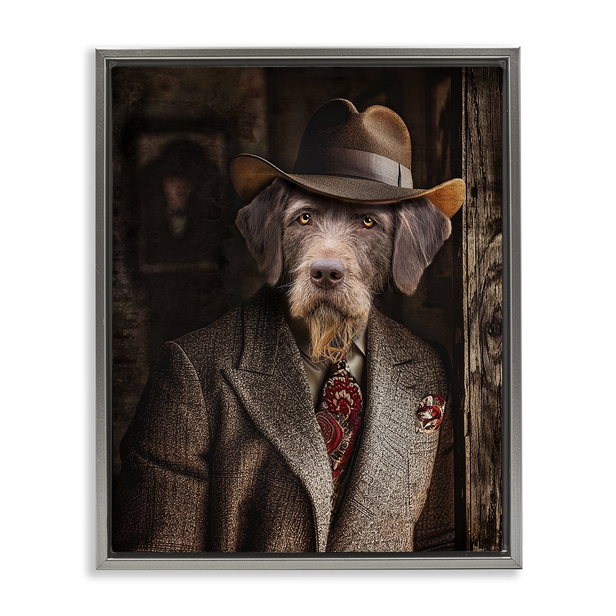 Stupell Industries Classic Dog in Suit Animals & Insects Painting Gray Floater Framed Canvas Art Print Wall Art, 17 x 21