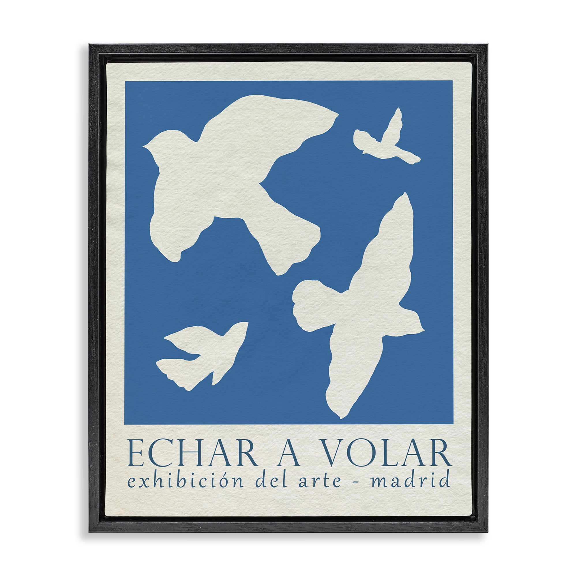 Stupell Industries Classic Exhibition Blue Birds Typography Painting Black Floater Framed Canvas Art Print Wall Art, 17 x 21