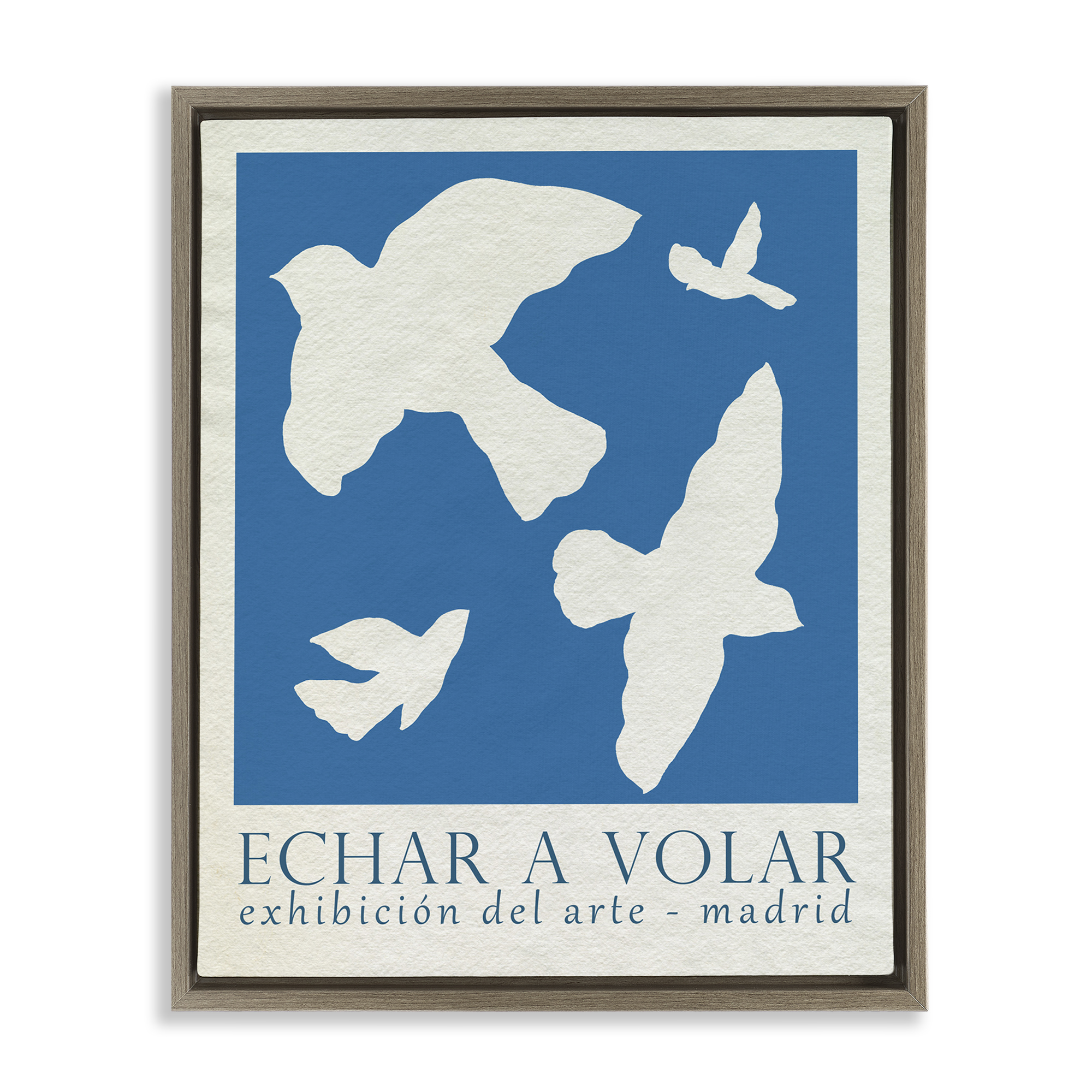 Stupell Industries Classic Exhibition Blue Birds Typography Painting Brown Floater Framed Canvas Art Print Wall Art, 17 x 21
