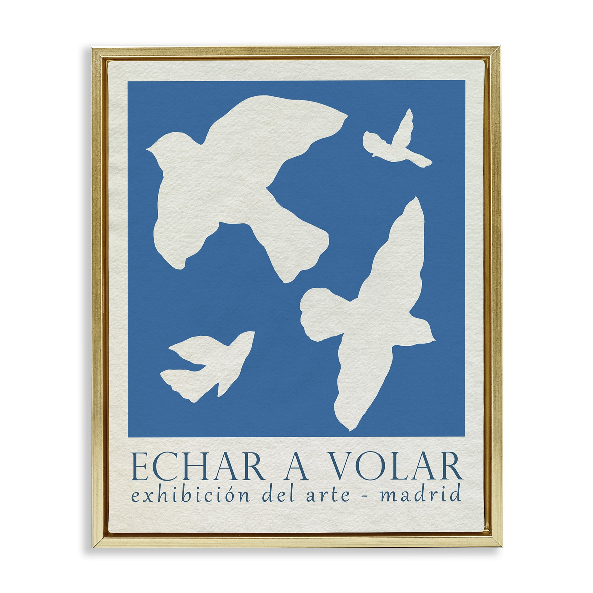 Stupell Industries Classic Exhibition Blue Birds Typography Painting Gold Floater Framed Canvas Art Print Wall Art, 25 x 31