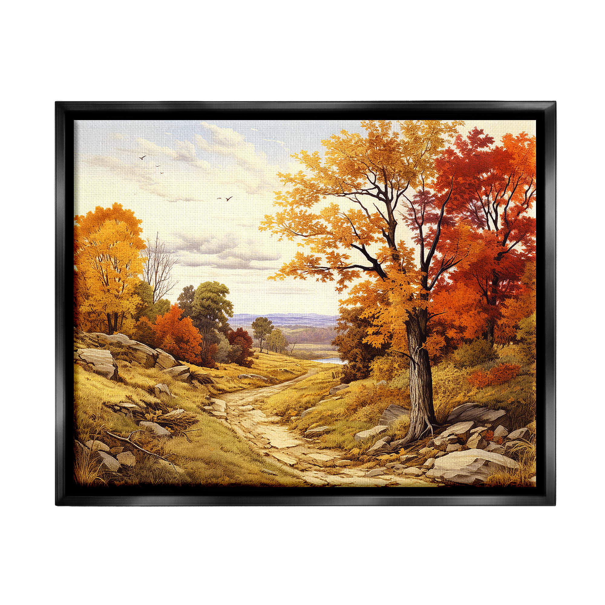 Stupell Industries Classic Fall Foliage Path Landscape Painting Black Floater Framed Canvas Art Print Wall Art, 31 x 25