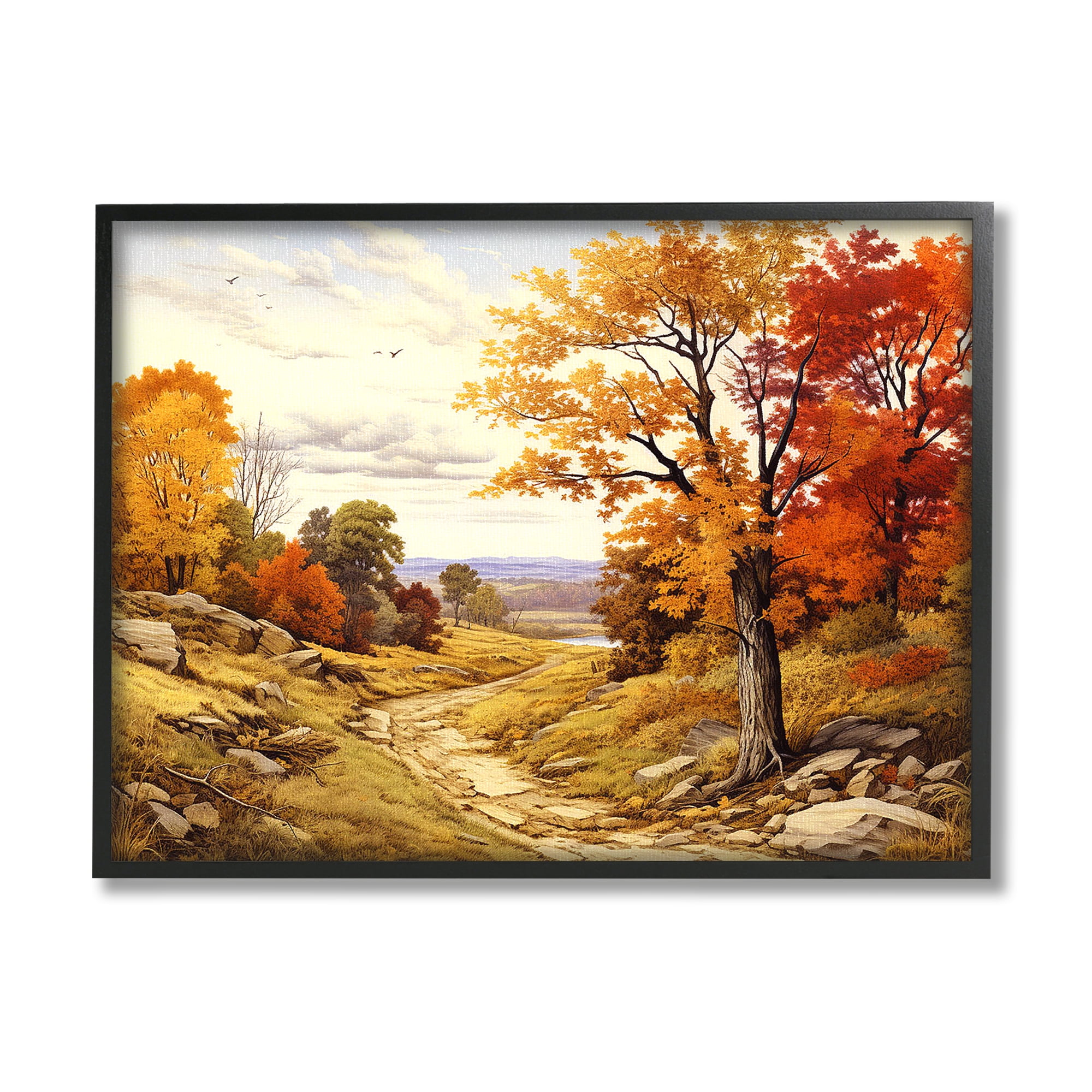 Classic Fall Foliage Path Landscape Print on Canvas with Black Frame