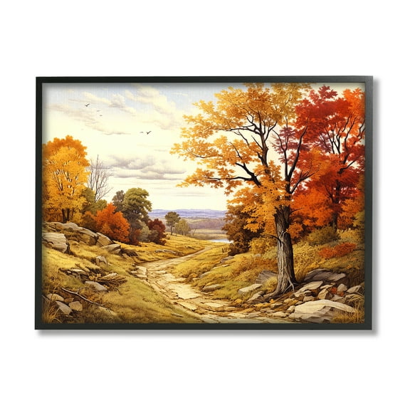 Stupell Industries Classic Fall Foliage Path Landscape Painting Black Framed Art Print Wall Art, 30 x 24