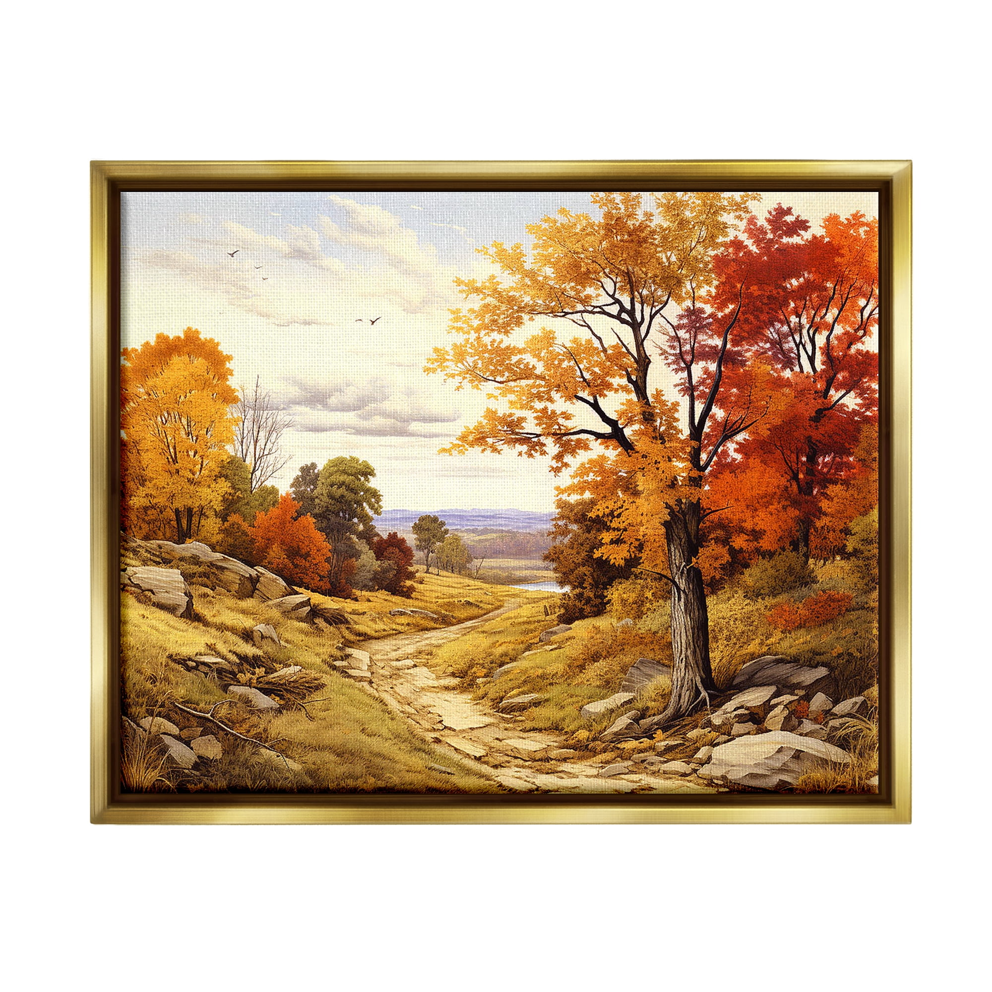 Stupell Industries Classic Fall Foliage Path Landscape Painting Gold Floater Framed Canvas Art Print Wall Art, 31 x 25