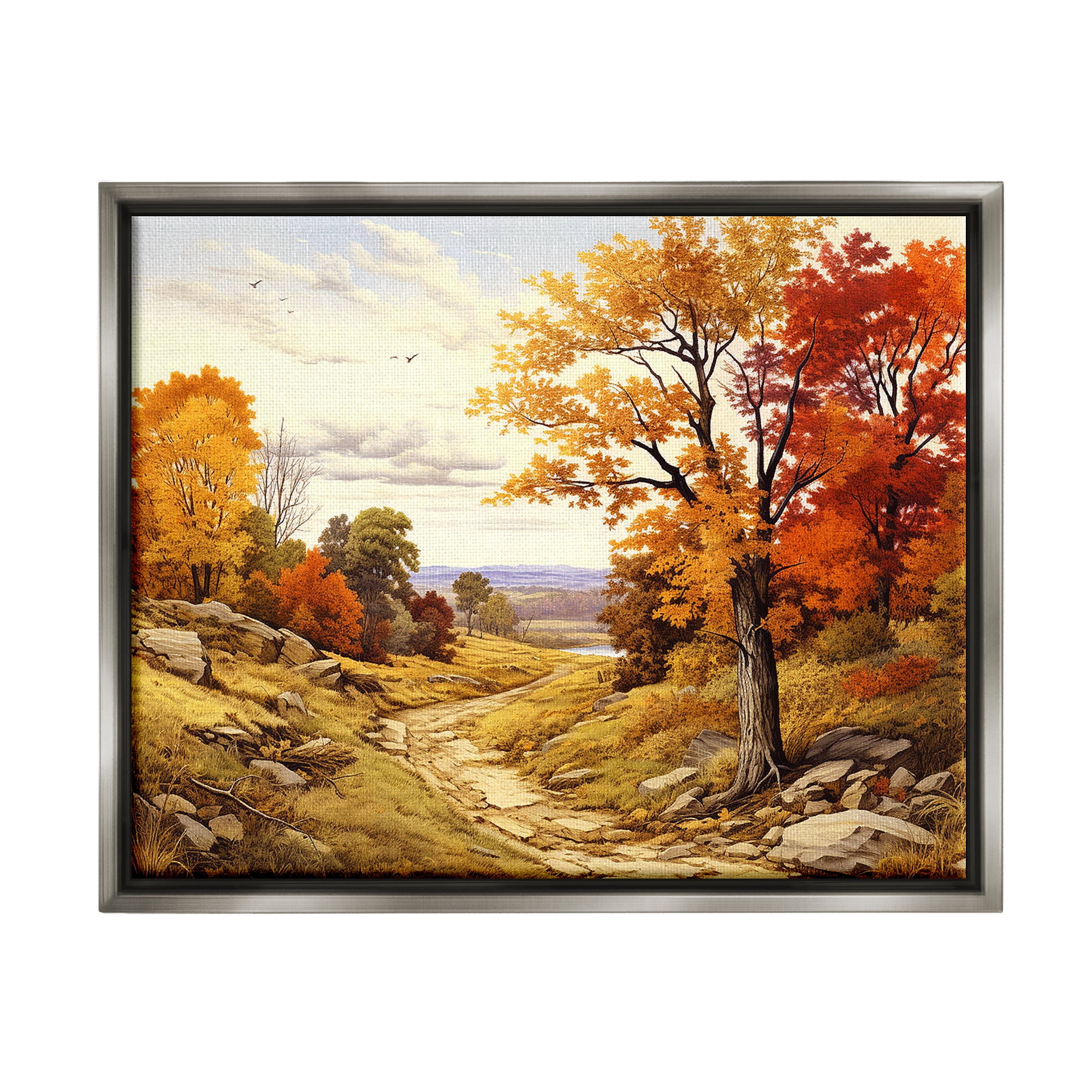 Stupell Industries Classic Fall Foliage Path Landscape Painting Gray Floater Framed Canvas Art Print Wall Art, 31 x 25