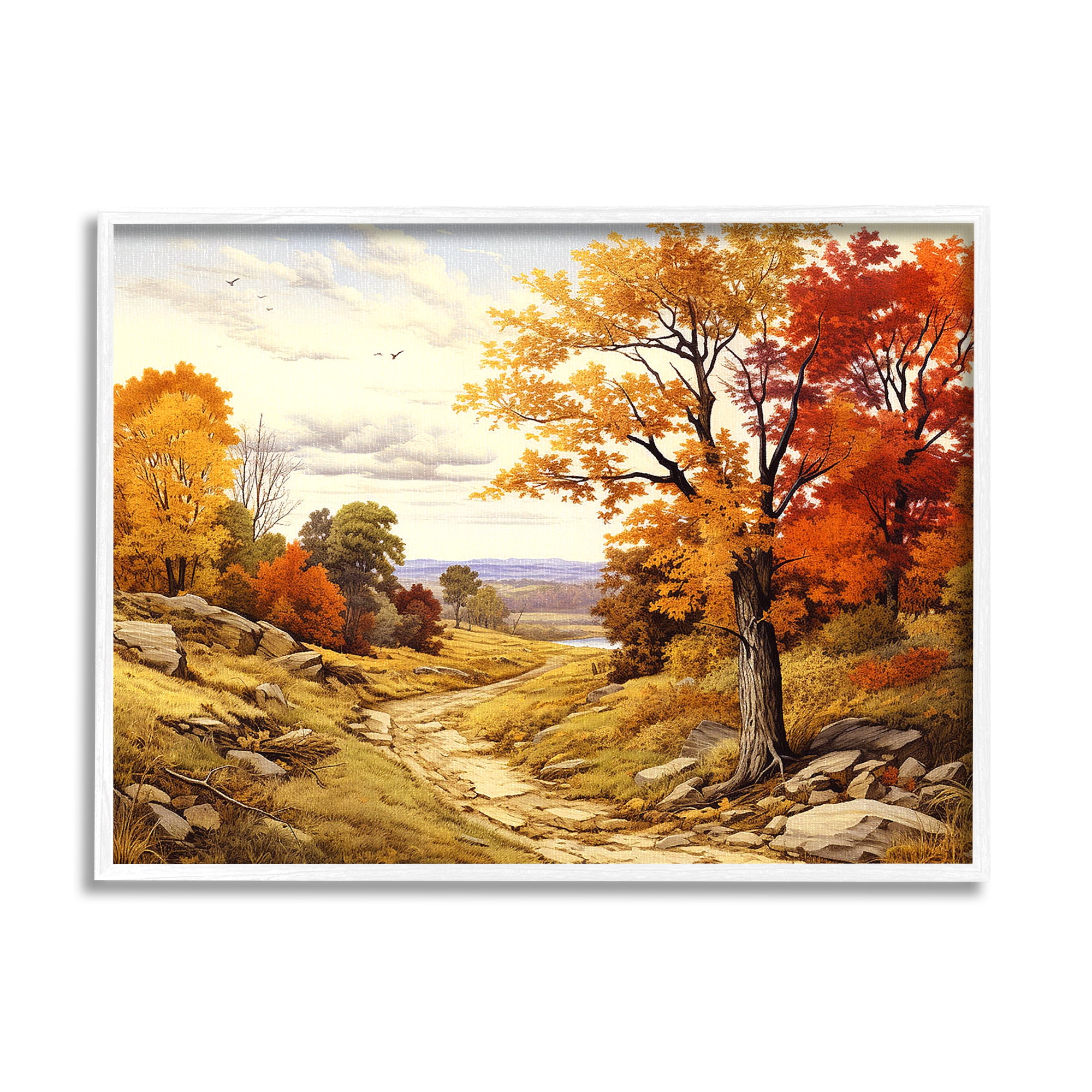 Stupell Industries Classic Fall Foliage Path Landscape Painting White Framed Art Print Wall Art, 14 x 11