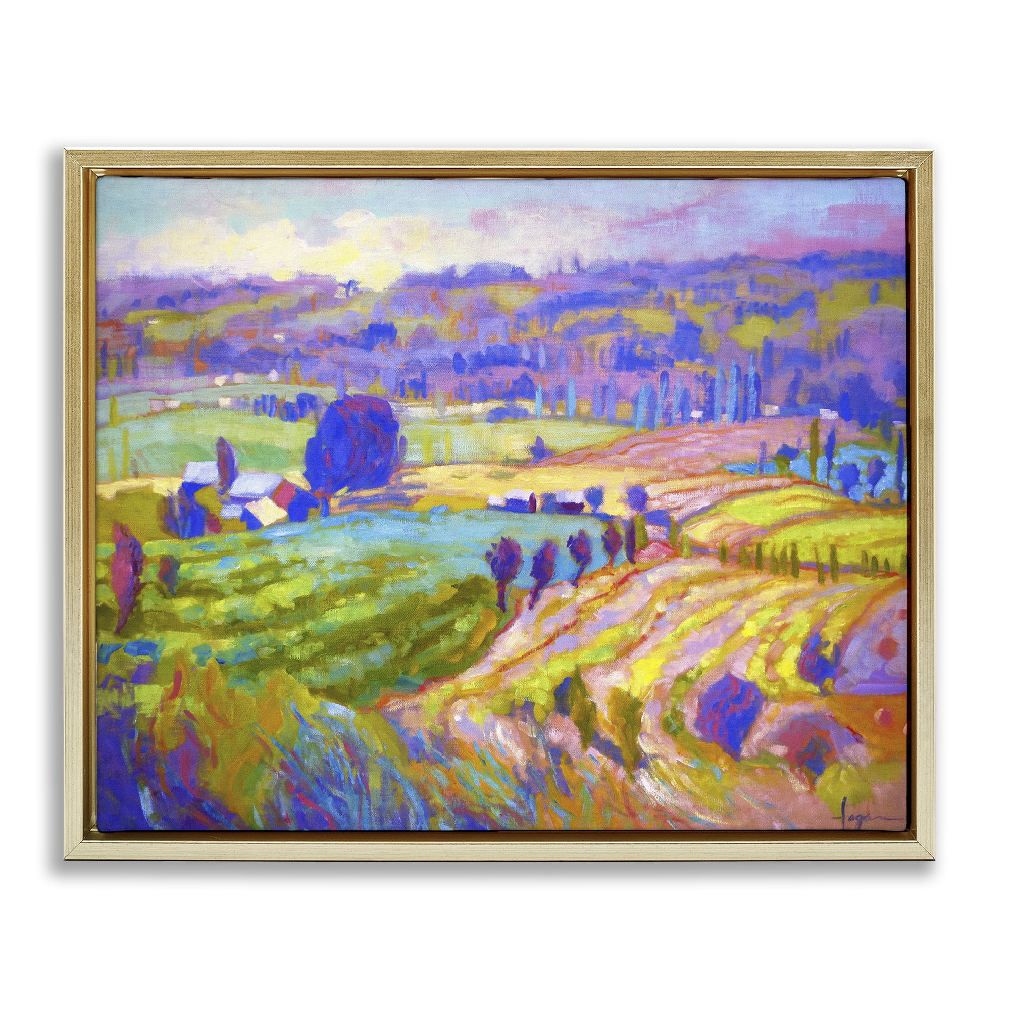Stupell Industries Classic Farm Purple Accents Landscape & Nature Painting Gold Floater Framed Canvas Art Print Wall Art, 21 x 17