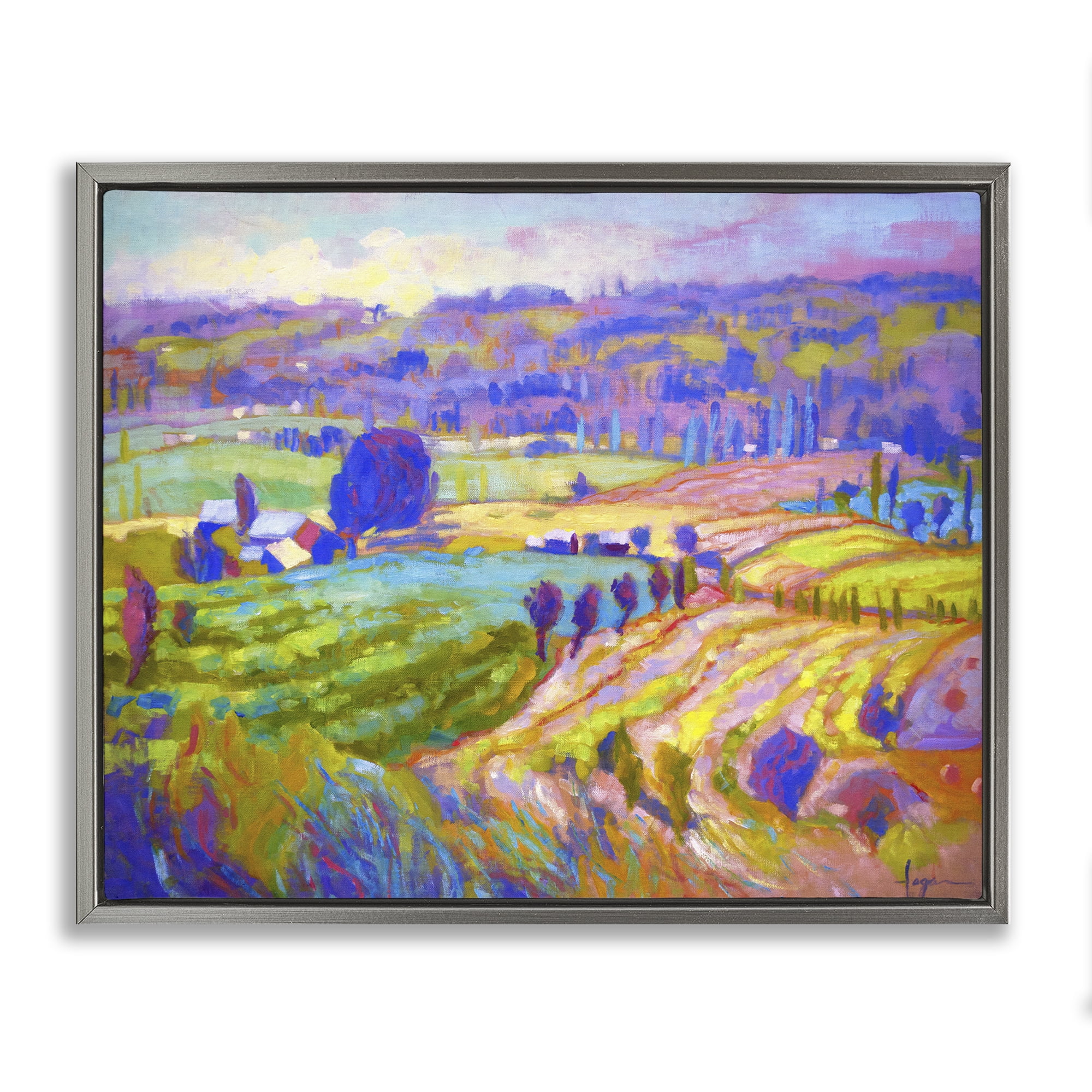 Stupell Industries Classic Farm Purple Accents Landscape & Nature Painting Gray Floater Framed Canvas Art Print Wall Art, 21 x 17