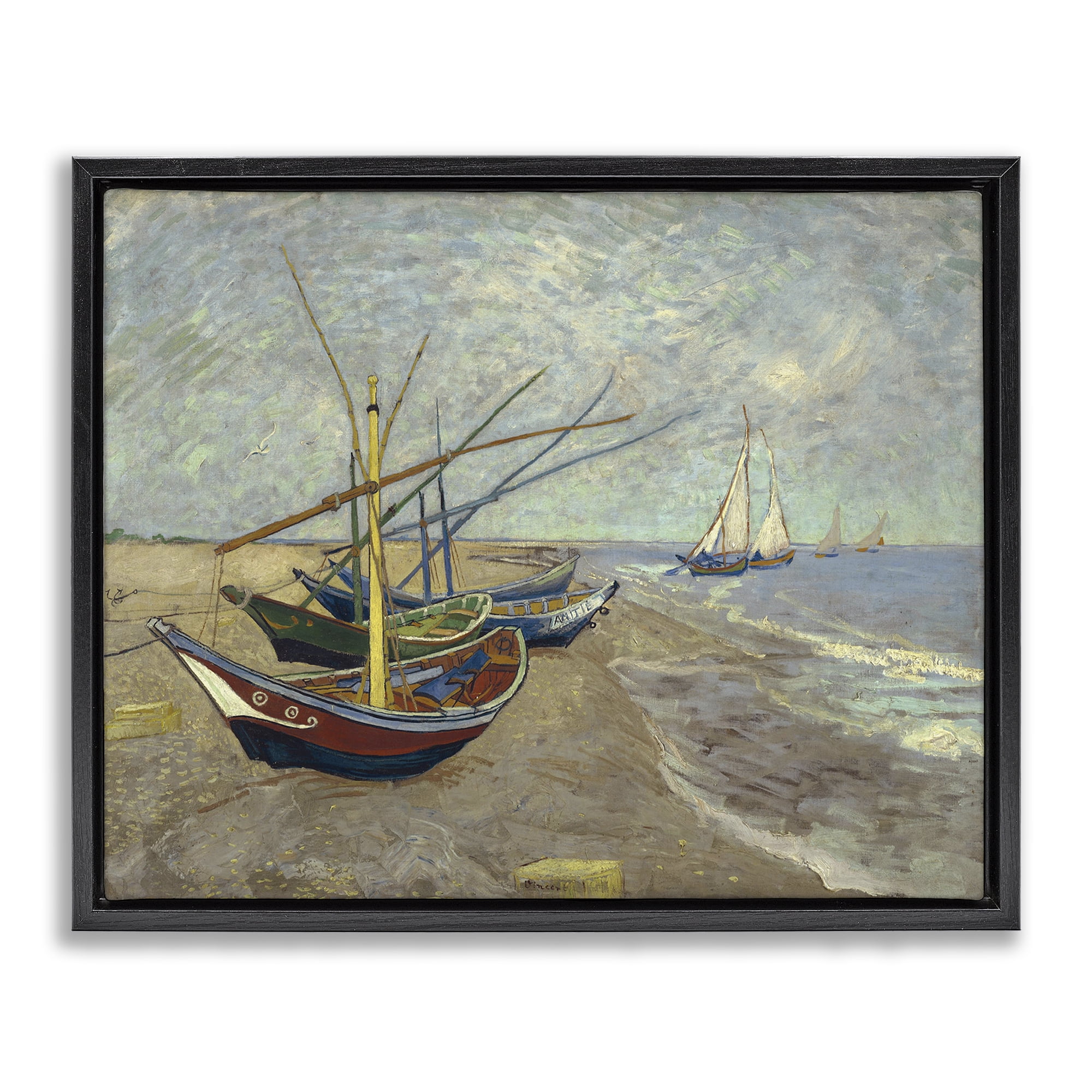 Stupell Industries Classic Fishing Boats on Beach Nautical & Beach Painting Black Floater Framed Canvas Art Print Wall Art, 21 x 17