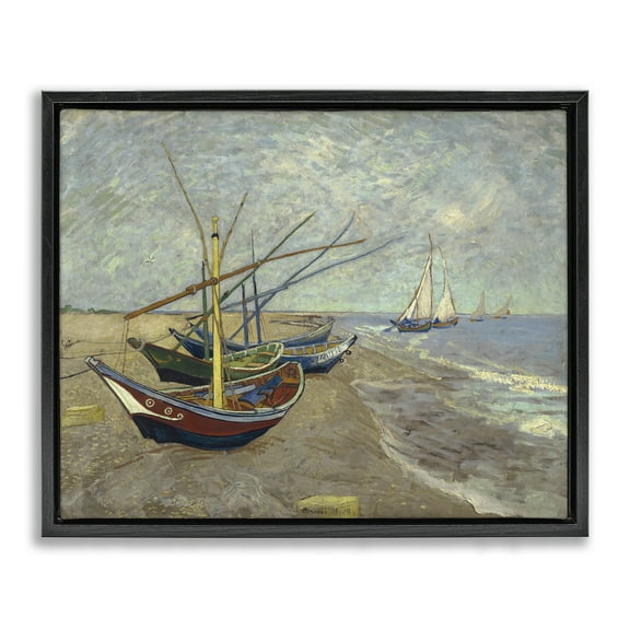 Stupell Industries Classic Fishing Boats on Beach Nautical & Beach Painting Black Floater Framed Canvas Art Print Wall Art, 21 x 17