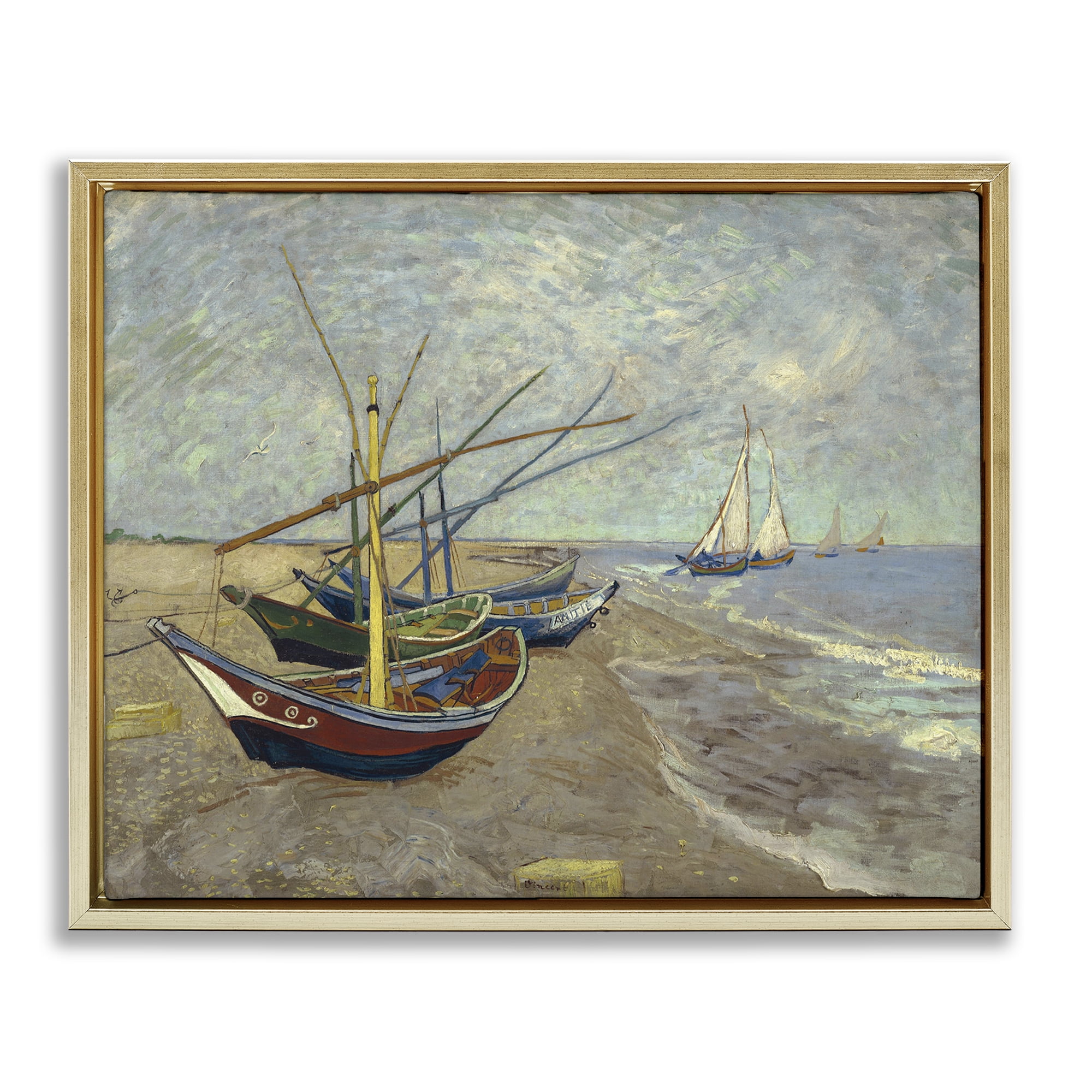 Stupell Industries Classic Fishing Boats on Beach Nautical & Beach Painting Gold Floater Framed Canvas Art Print Wall Art, 31 x 25