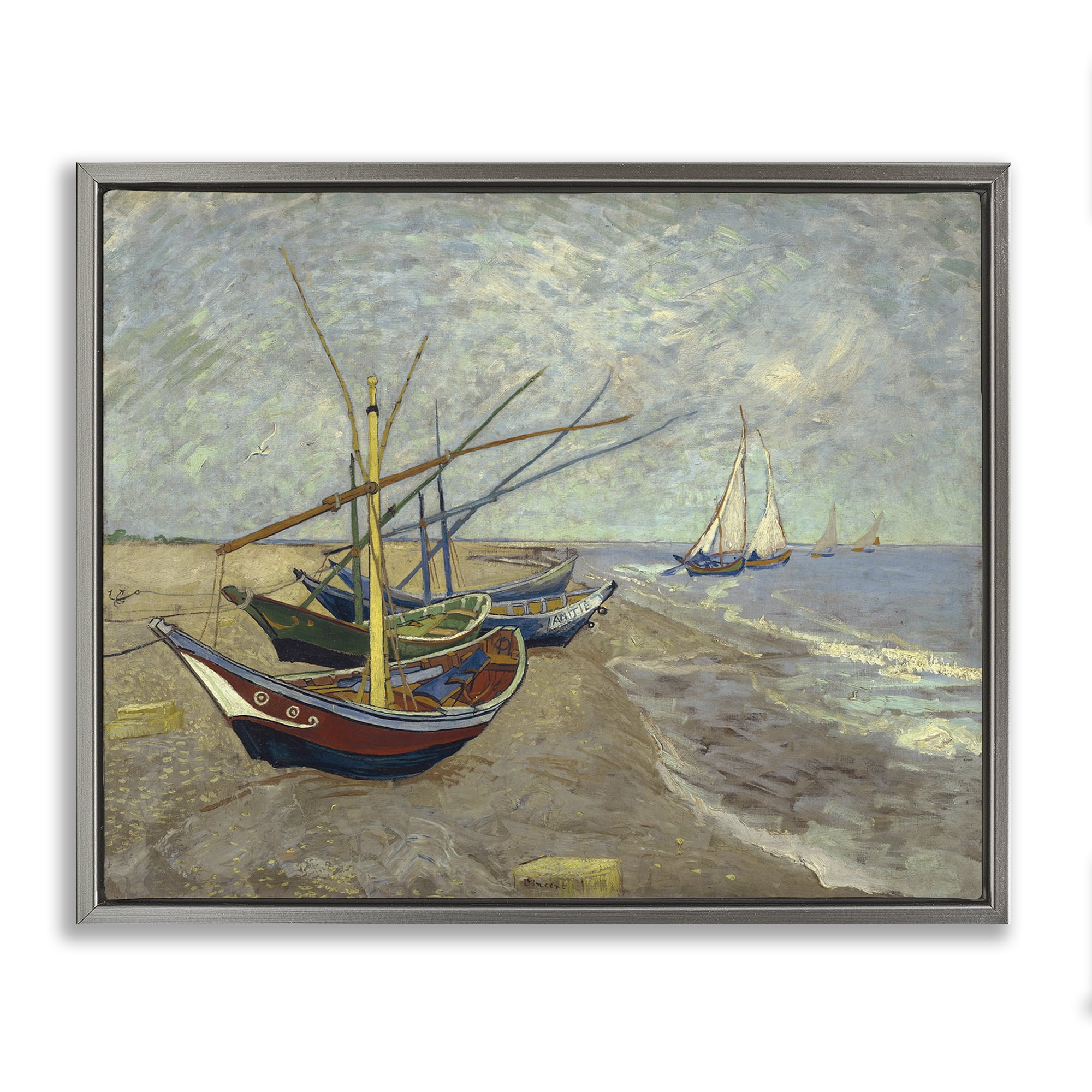 Stupell Industries Classic Fishing Boats on Beach Nautical & Beach Painting Gray Floater Framed Canvas Art Print Wall Art, 31 x 25