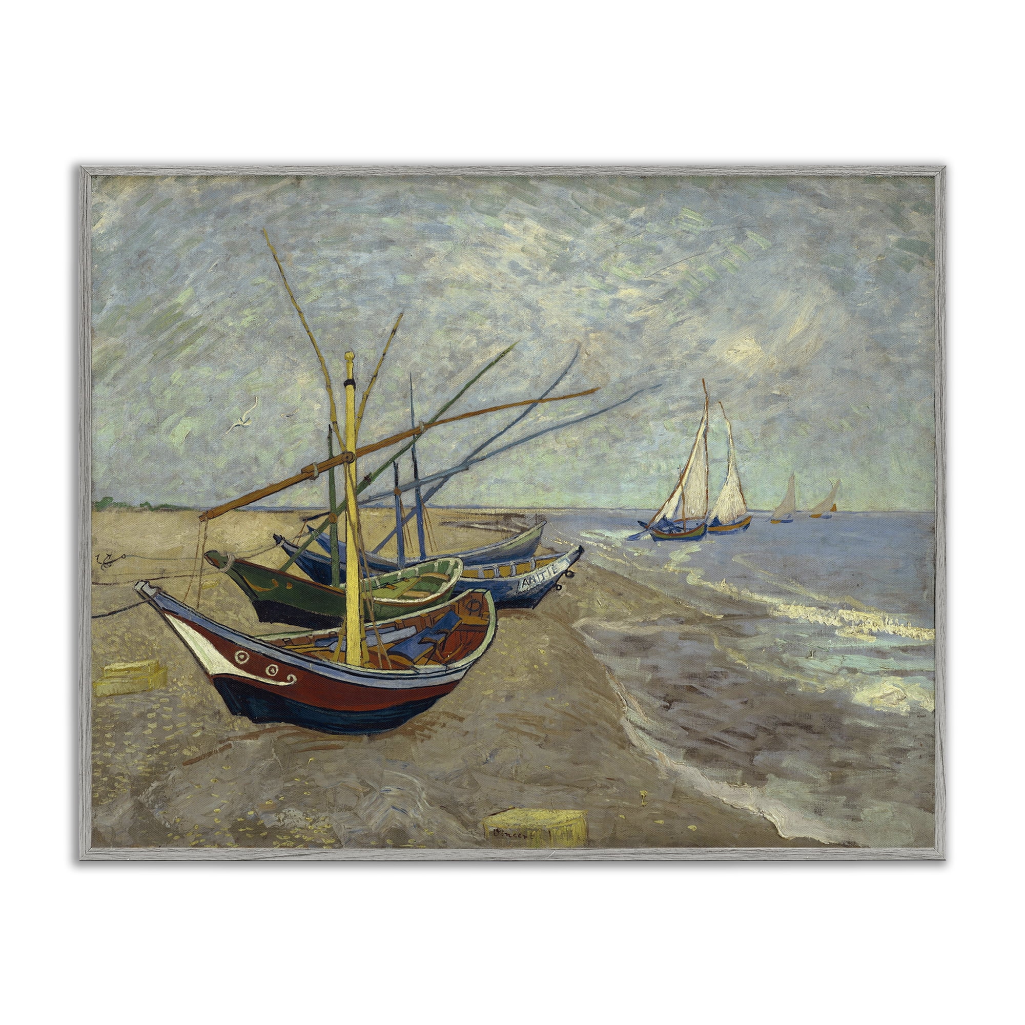 Stupell Industries Classic Fishing Boats on Beach Nautical & Beach Painting Gray Framed Art Print Wall Art, 20 x 16