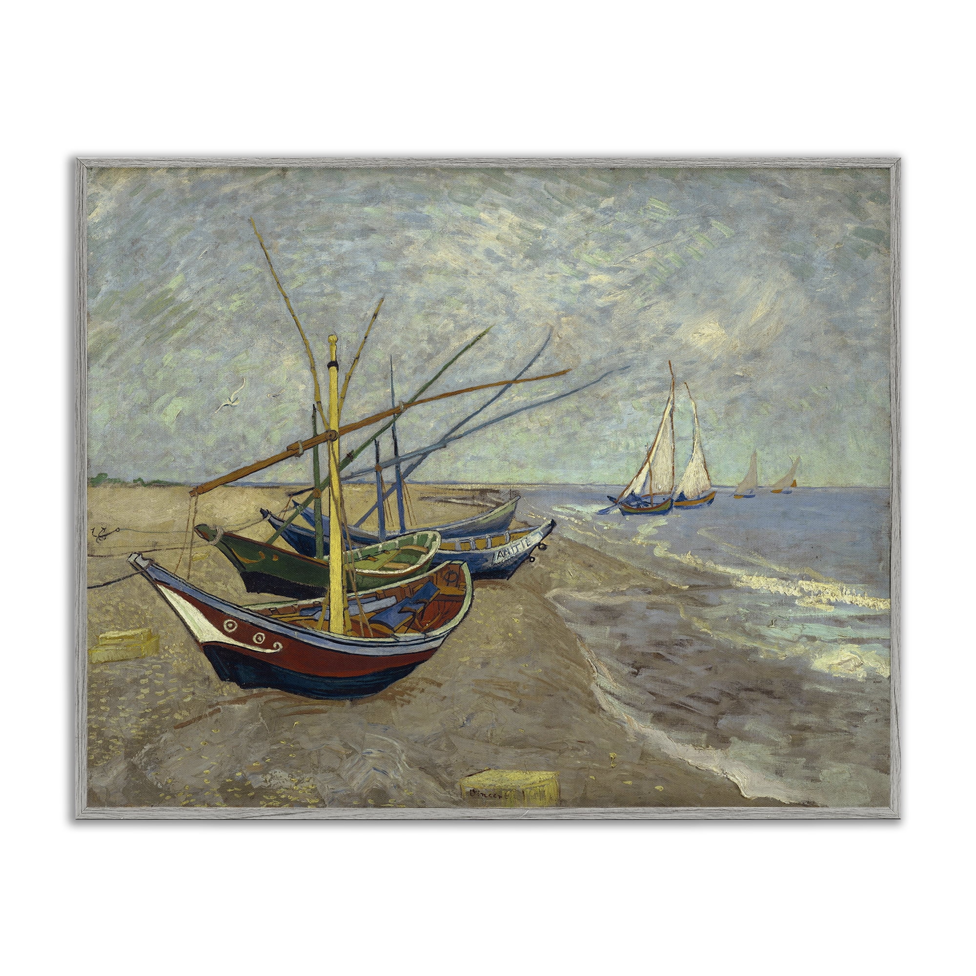 Stupell Industries Classic Fishing Boats on Beach Nautical & Beach Painting Gray Framed Art Print Wall Art, 30 x 24
