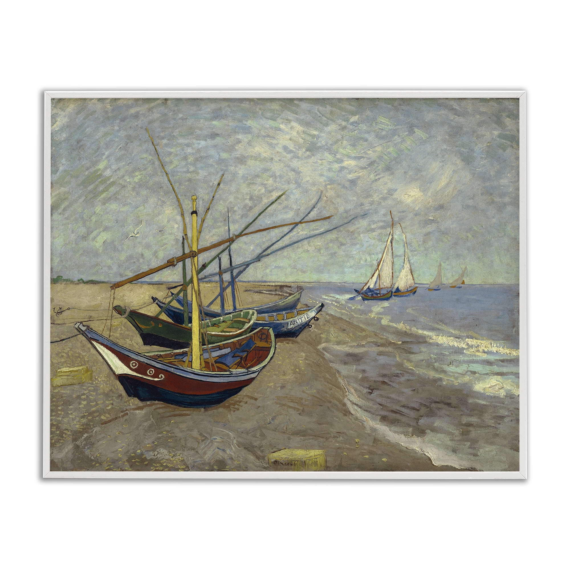 Stupell Industries Classic Fishing Boats on Beach Nautical & Beach Painting White Framed Art Print Wall Art, 20 x 16
