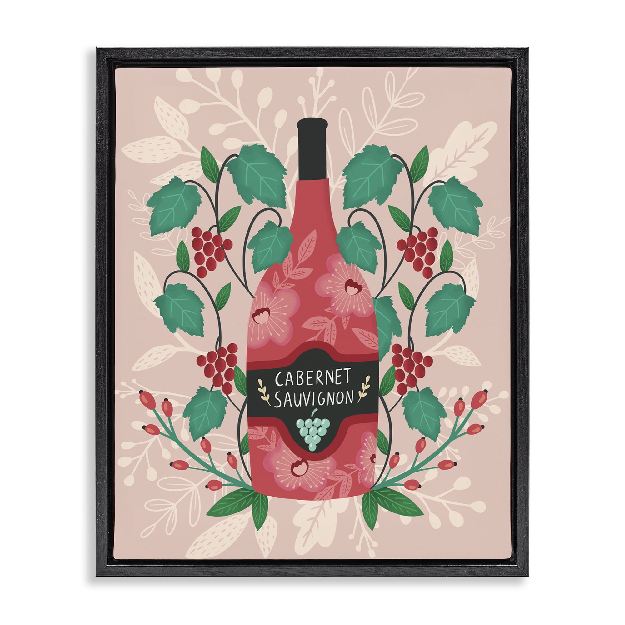 Stupell Industries Classic Floral Wine Bottle Food & Beverage Painting Black Floater Framed Canvas Art Print Wall Art, 17 x 21