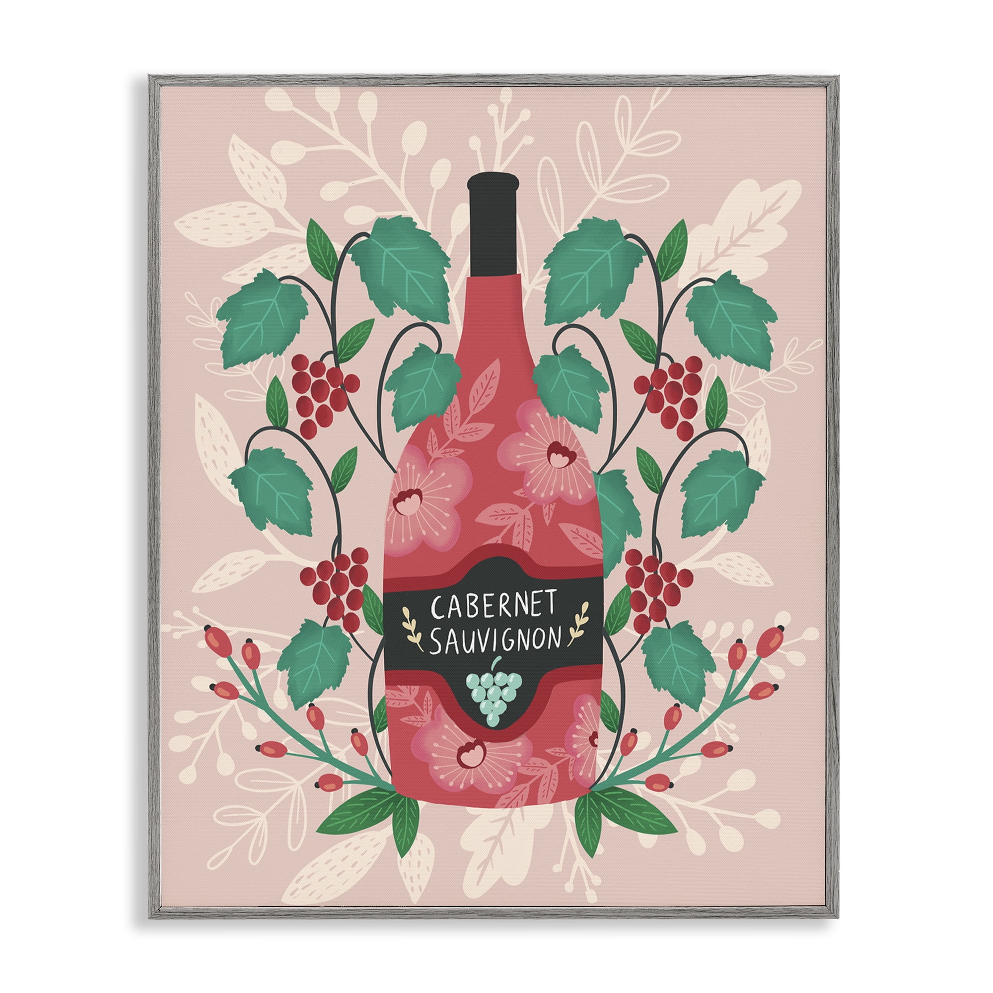 Stupell Industries Classic Floral Wine Bottle Food & Beverage Painting Gray Framed Art Print Wall Art, 16 x 20